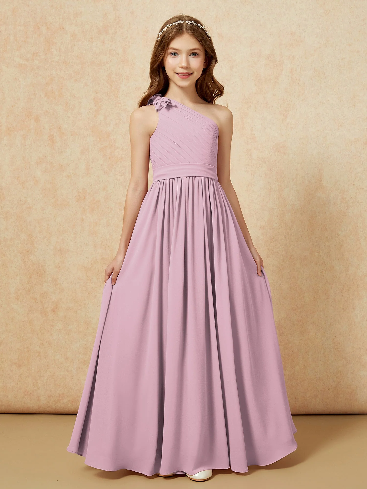 Eine Schulter Lang Junge Brautjungfernkleider mit Gürtel Vintage Mauve - Image 4
