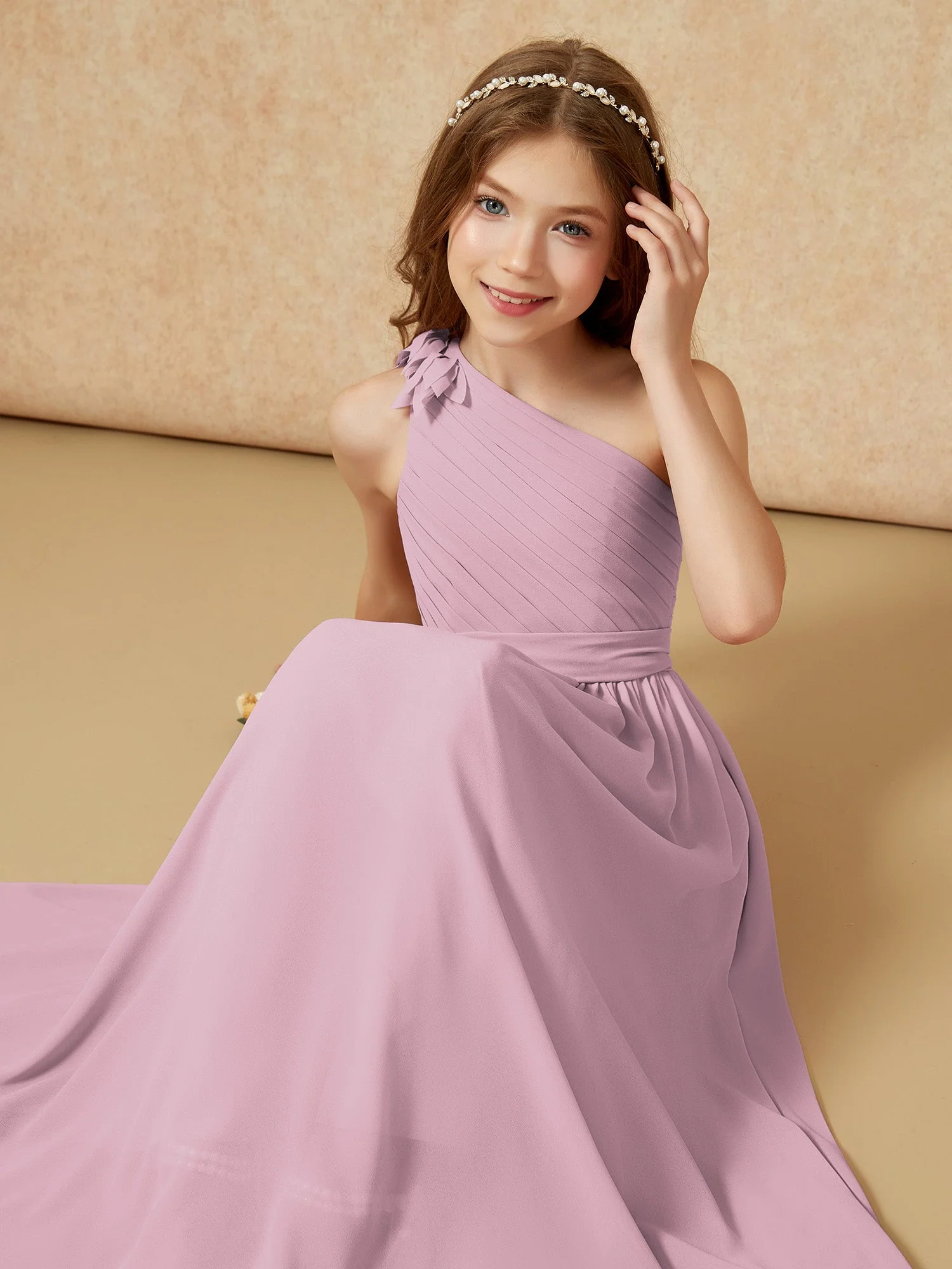Eine Schulter Lang Junge Brautjungfernkleider mit Gürtel Vintage Mauve - Image 7