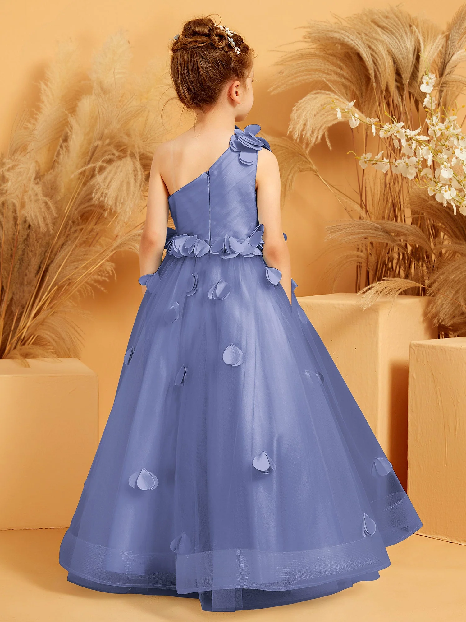 Eine Schulter mit Blume Bodenlang BlumenmÀdchenkleid Periwinkleblau - Image 2