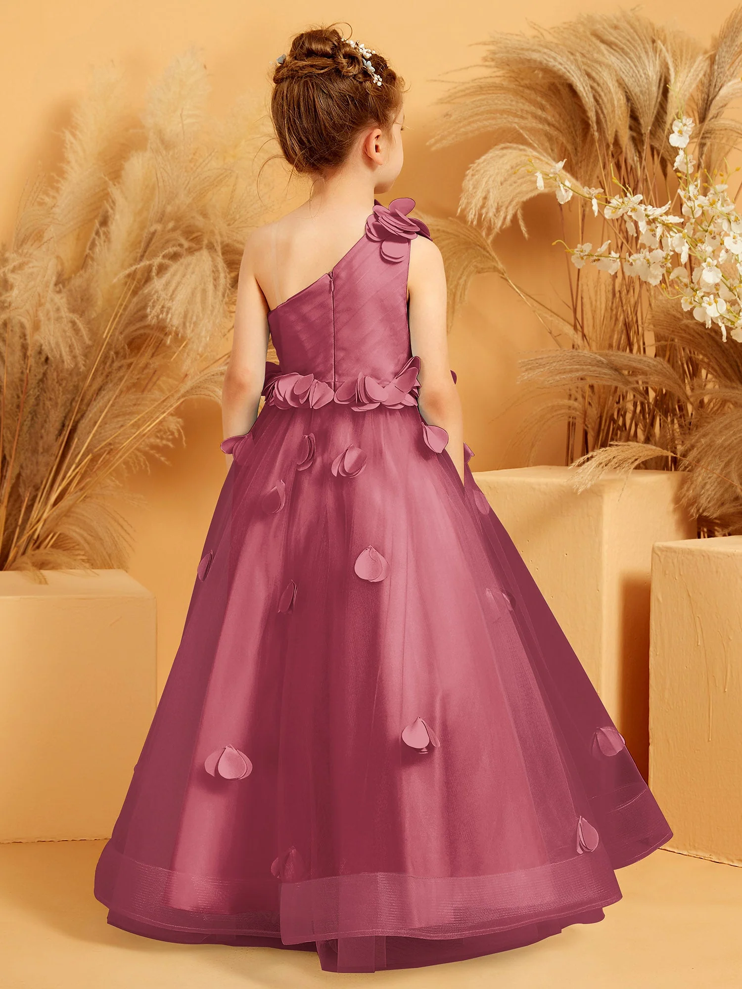 Eine Schulter mit Blume Bodenlang BlumenmÀdchenkleid Zimtrose - Image 2