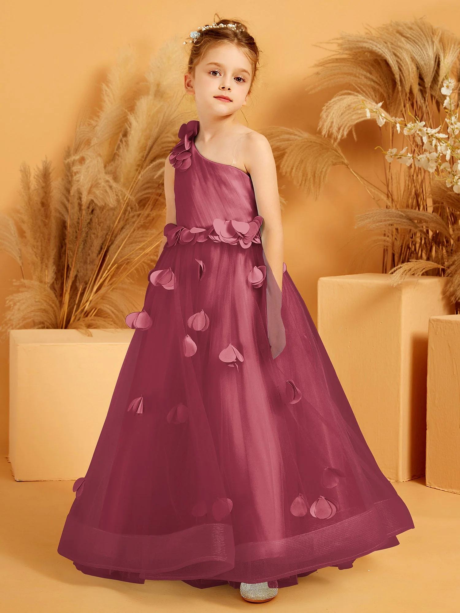 Eine Schulter mit Blume Bodenlang BlumenmÀdchenkleid Zimtrose - Image 3