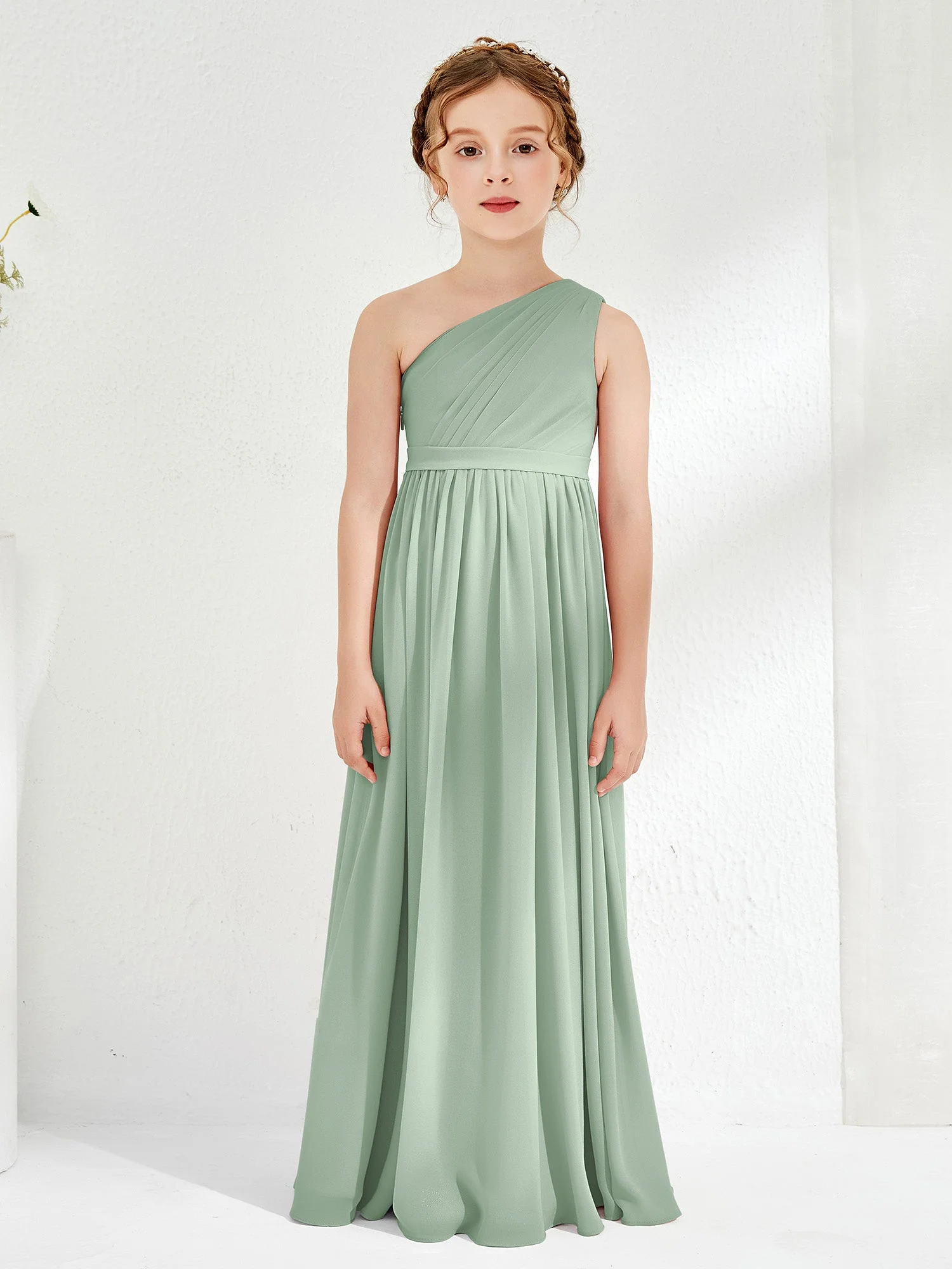 Eine Schulter Plissee Chiffon Junge Brautjungfernkleider Agavengrün