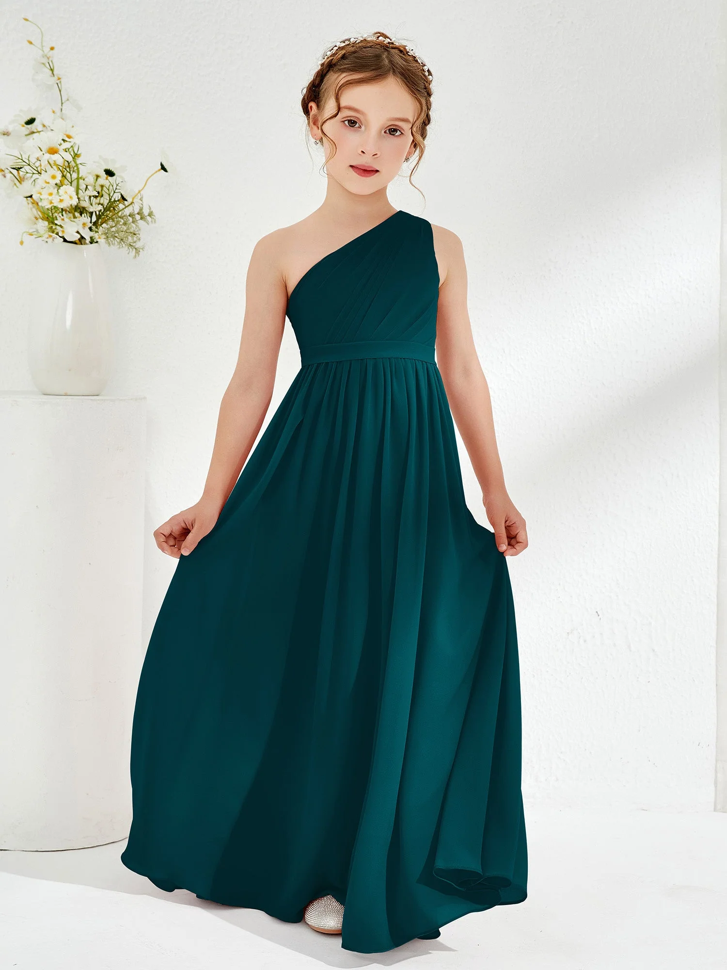Eine Schulter Plissee Chiffon Junge Brautjungfernkleider Kieferngrün - Image 3