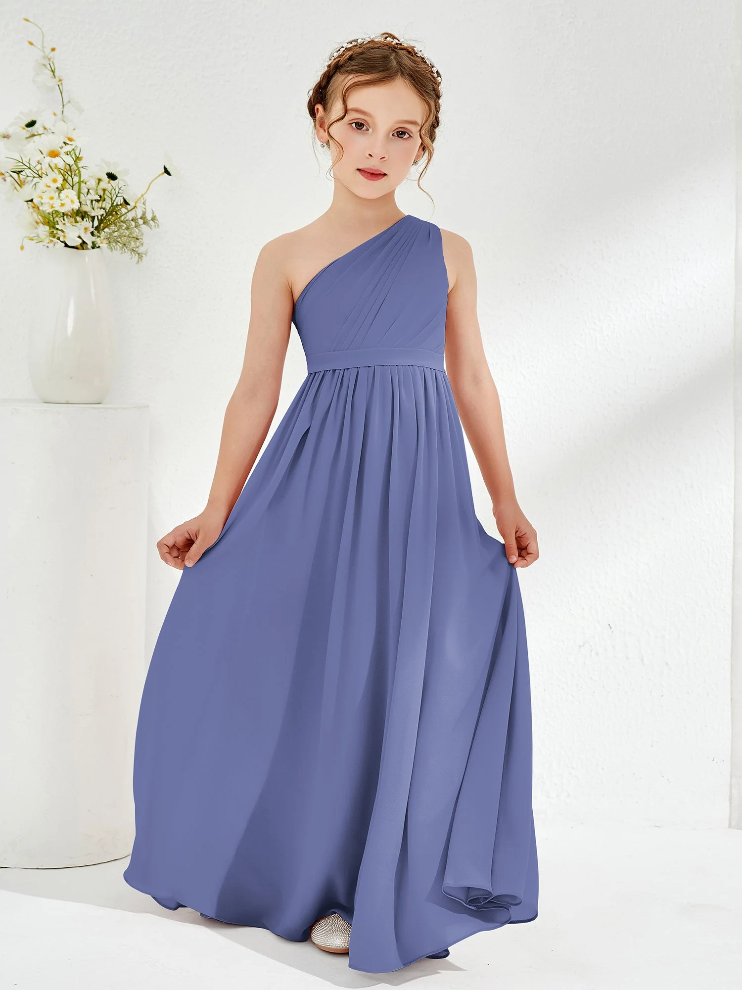 Eine Schulter Plissee Chiffon Junge Brautjungfernkleider Periwinkleblau - Image 3