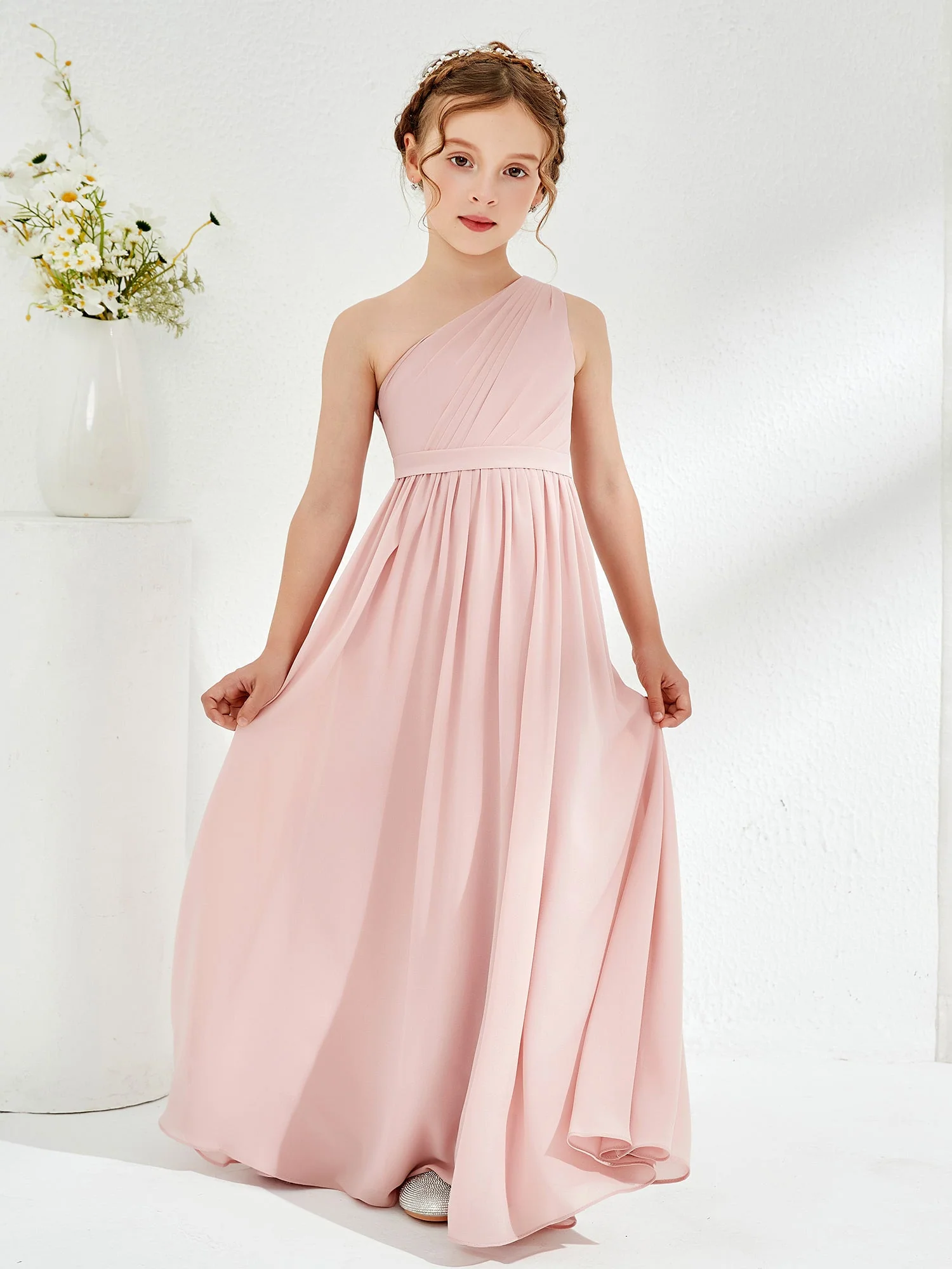 Eine Schulter Plissee Chiffon Junge Brautjungfernkleider Staubige Rosa - Image 3