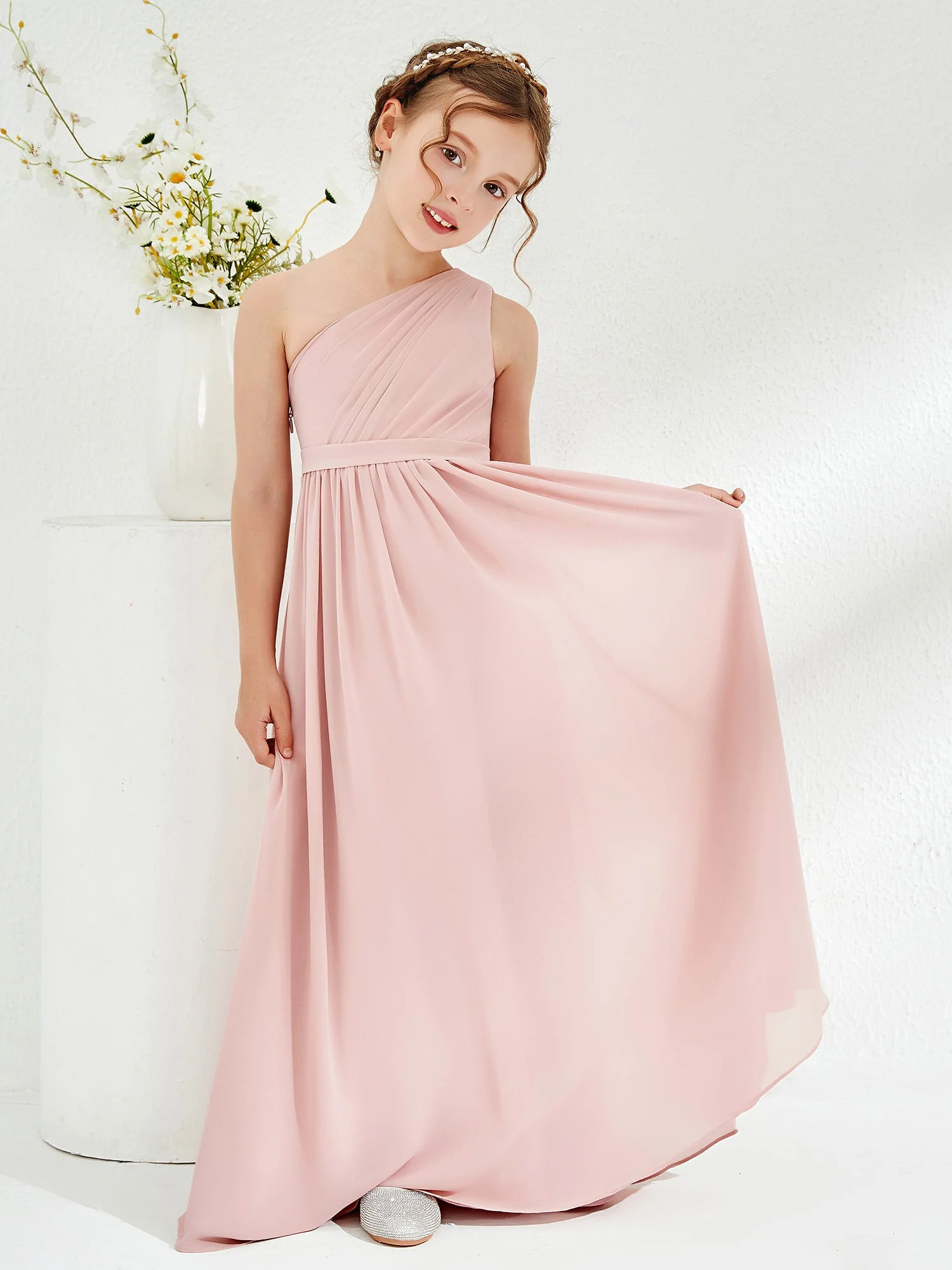 Eine Schulter Plissee Chiffon Junge Brautjungfernkleider Staubige Rosa - Image 4
