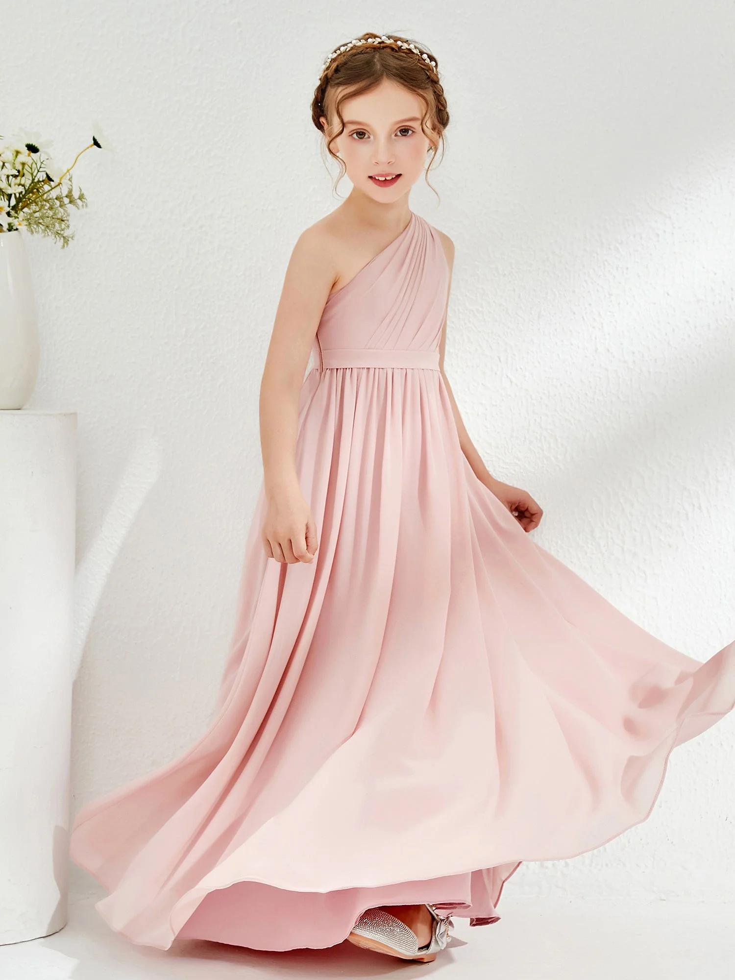 Eine Schulter Plissee Chiffon Junge Brautjungfernkleider Staubige Rosa - Image 5