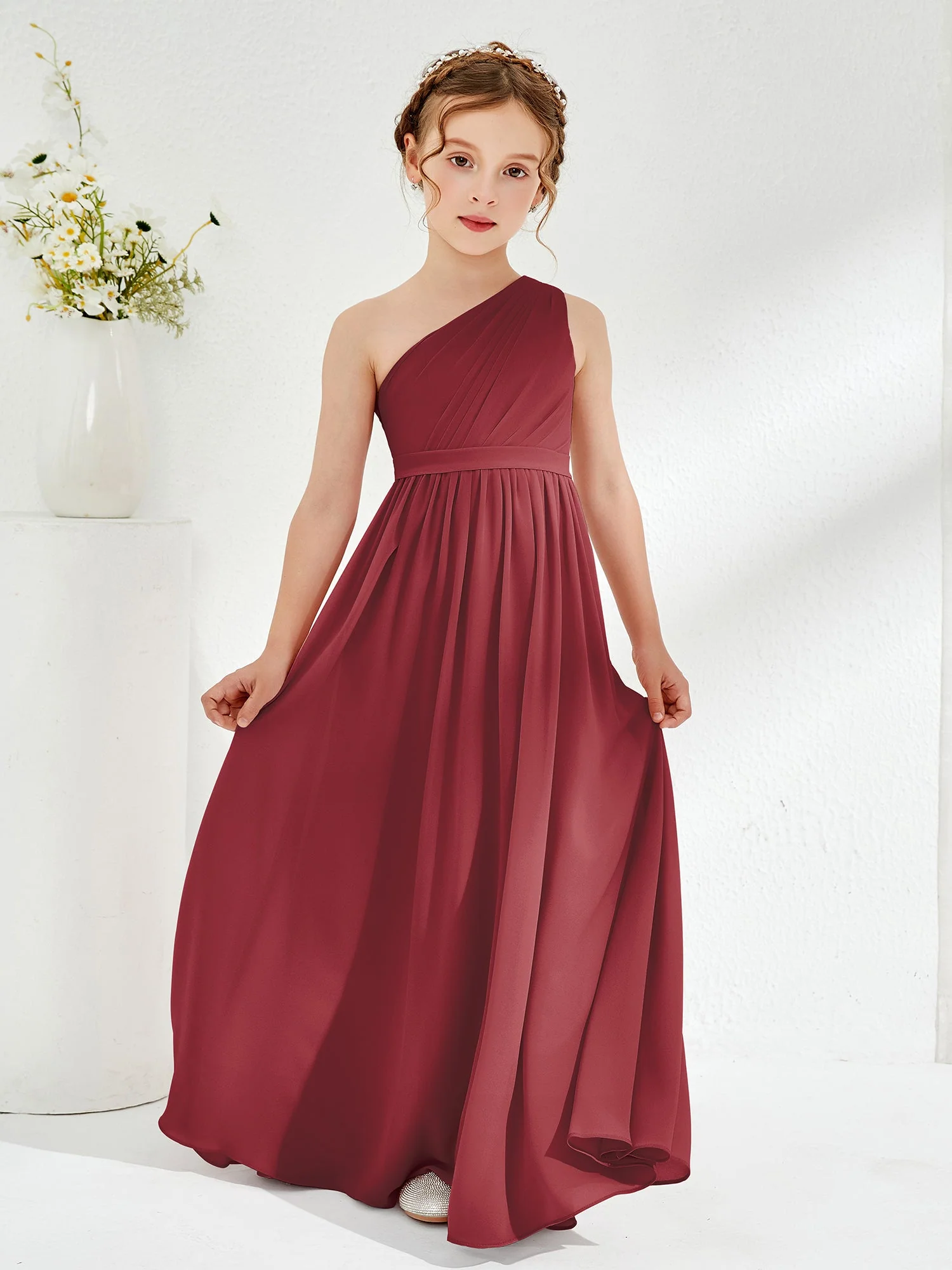 Eine Schulter Plissee Chiffon Junge Brautjungfernkleider Zimtrose - Image 3
