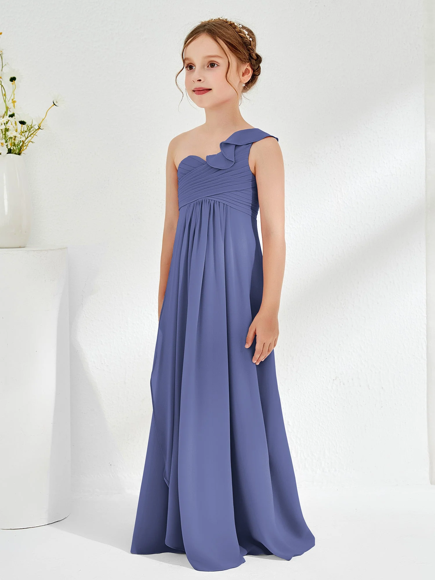 Eine Schulter Rüschen Junge Brautjungfernkleider Periwinkleblau - Image 3