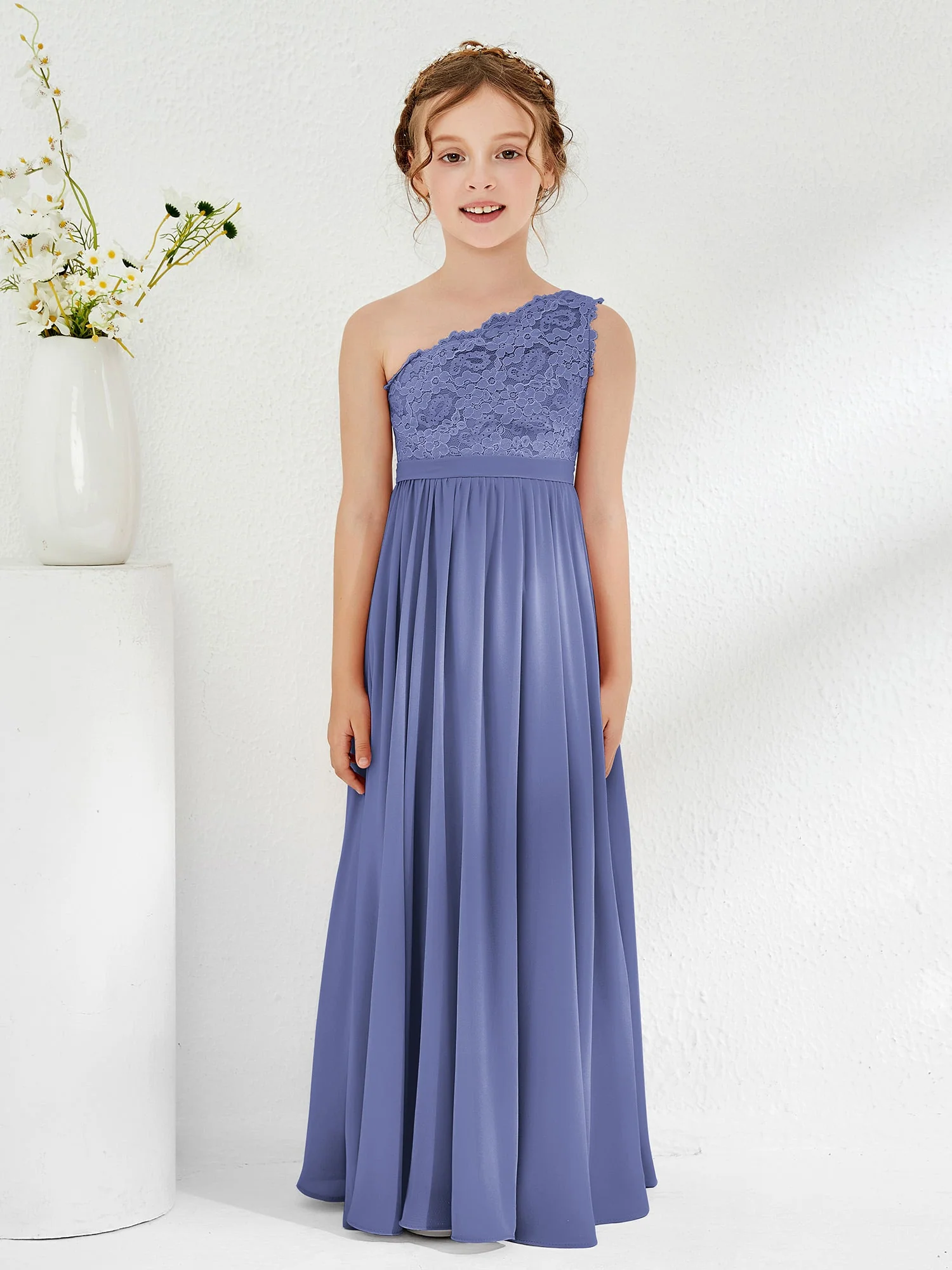 Eine Schulter Spitze Chiffon Junge Brautjungfernkleider Periwinkleblau