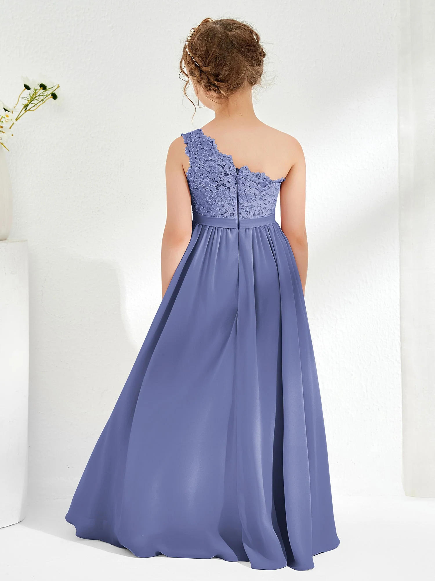 Eine Schulter Spitze Chiffon Junge Brautjungfernkleider Periwinkleblau - Image 2