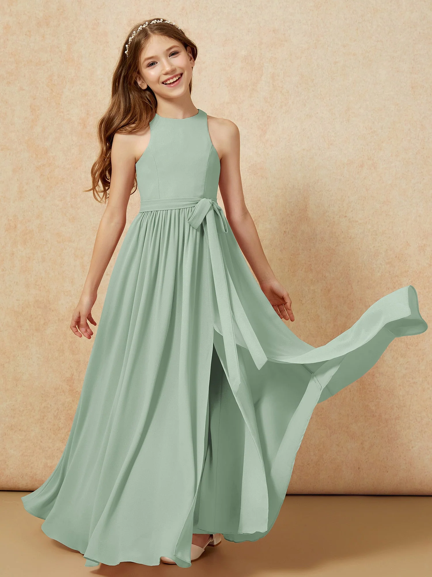Einfach Ärmellos Chiffon Junge Brautjungfernkleider Agavengrün - Image 10
