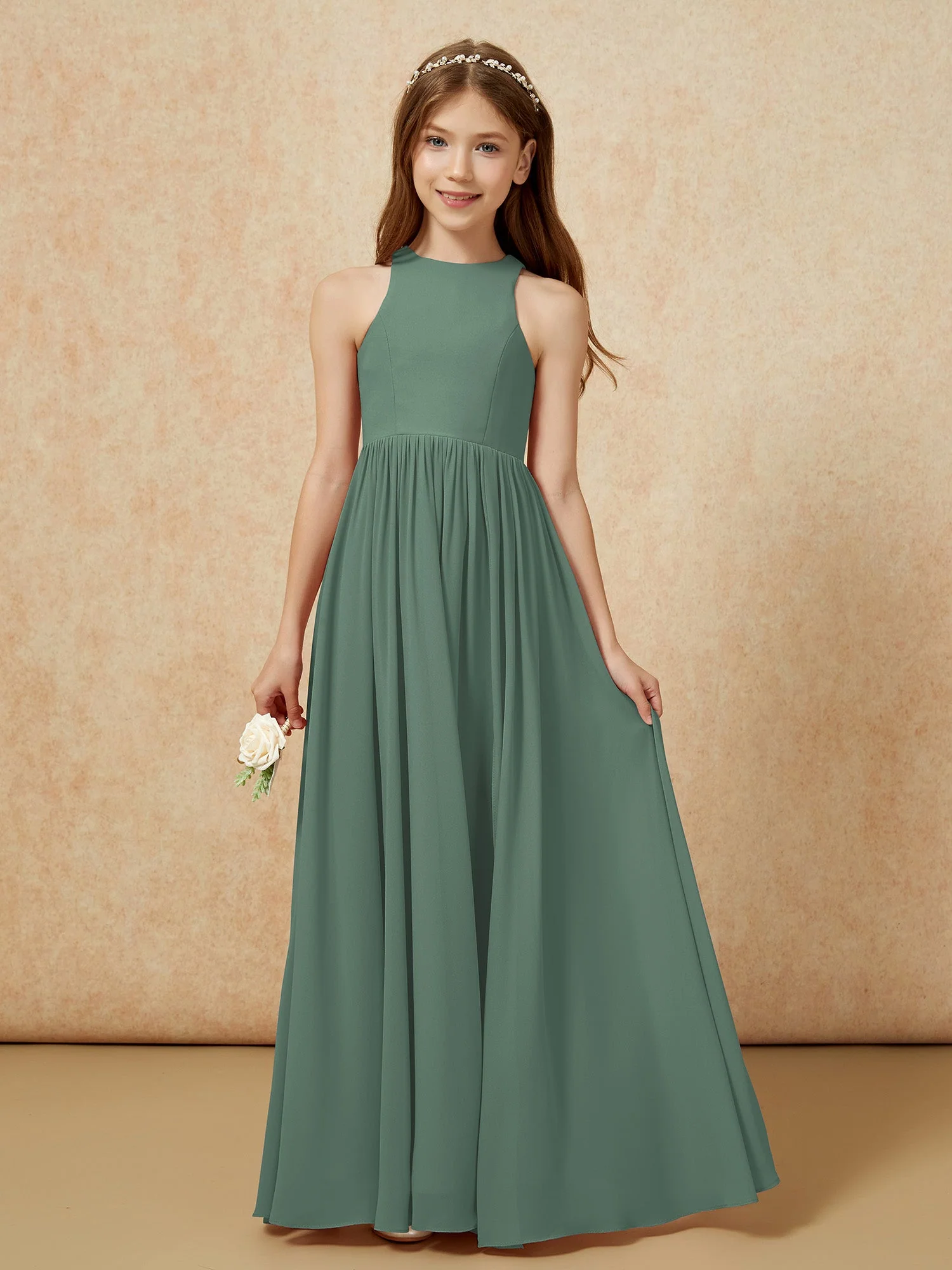 Einfach Ärmellos Chiffon Junge Brautjungfernkleider Eukalyptus - Image 4