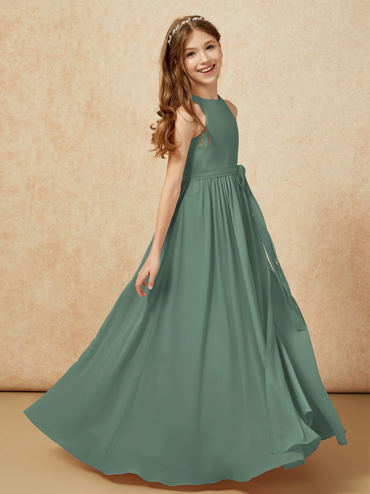 Einfach Ärmellos Chiffon Junge Brautjungfernkleider Eukalyptus - Image 5