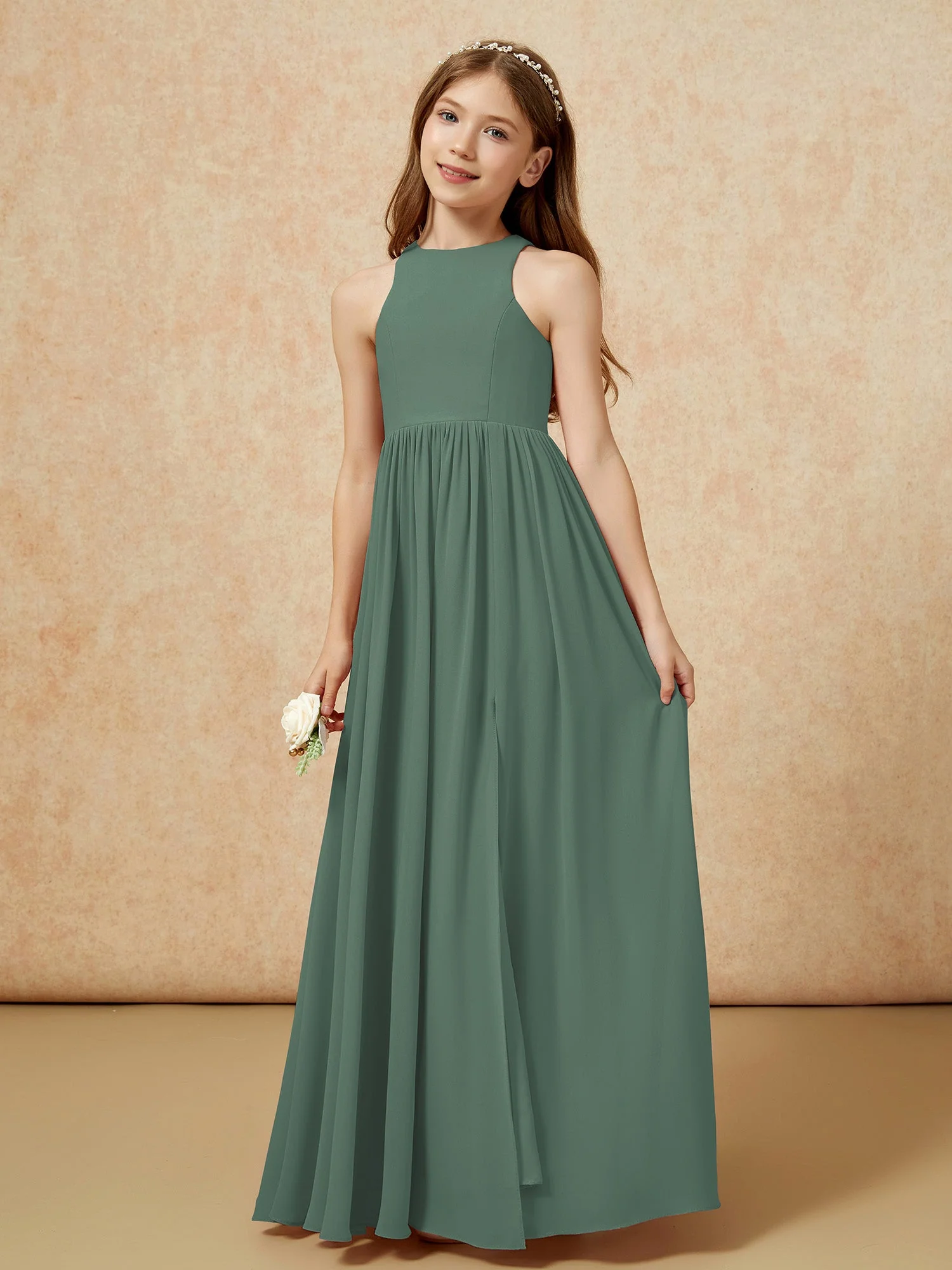 Einfach Ärmellos Chiffon Junge Brautjungfernkleider Eukalyptus - Image 6