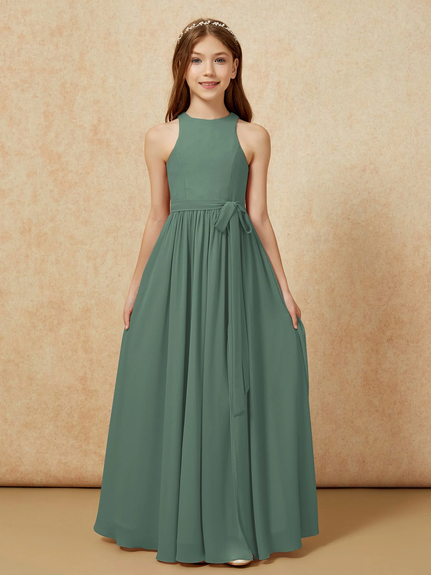 Einfach Ärmellos Chiffon Junge Brautjungfernkleider Eukalyptus - Image 8