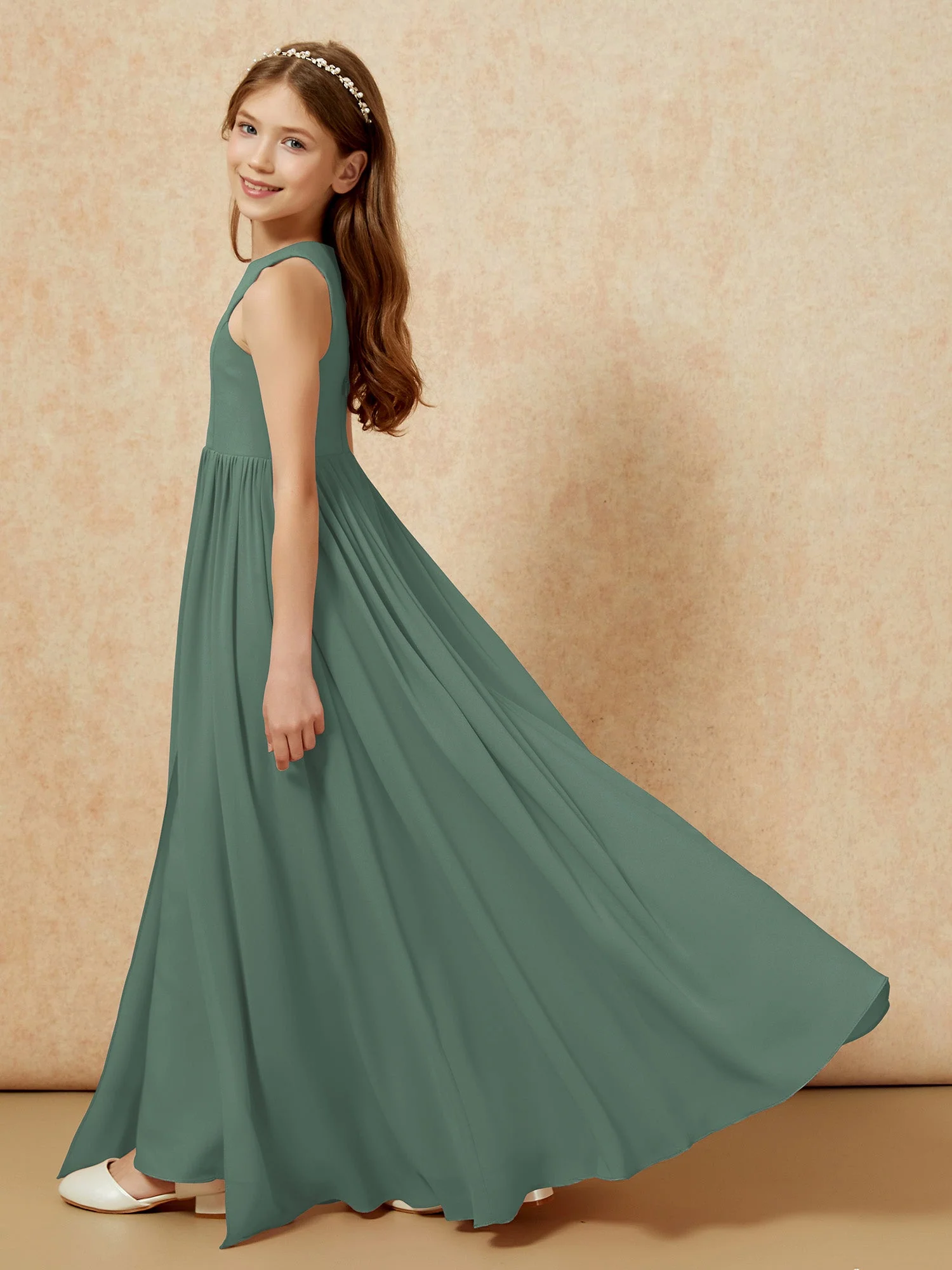 Einfach Ärmellos Chiffon Junge Brautjungfernkleider Eukalyptus - Image 9