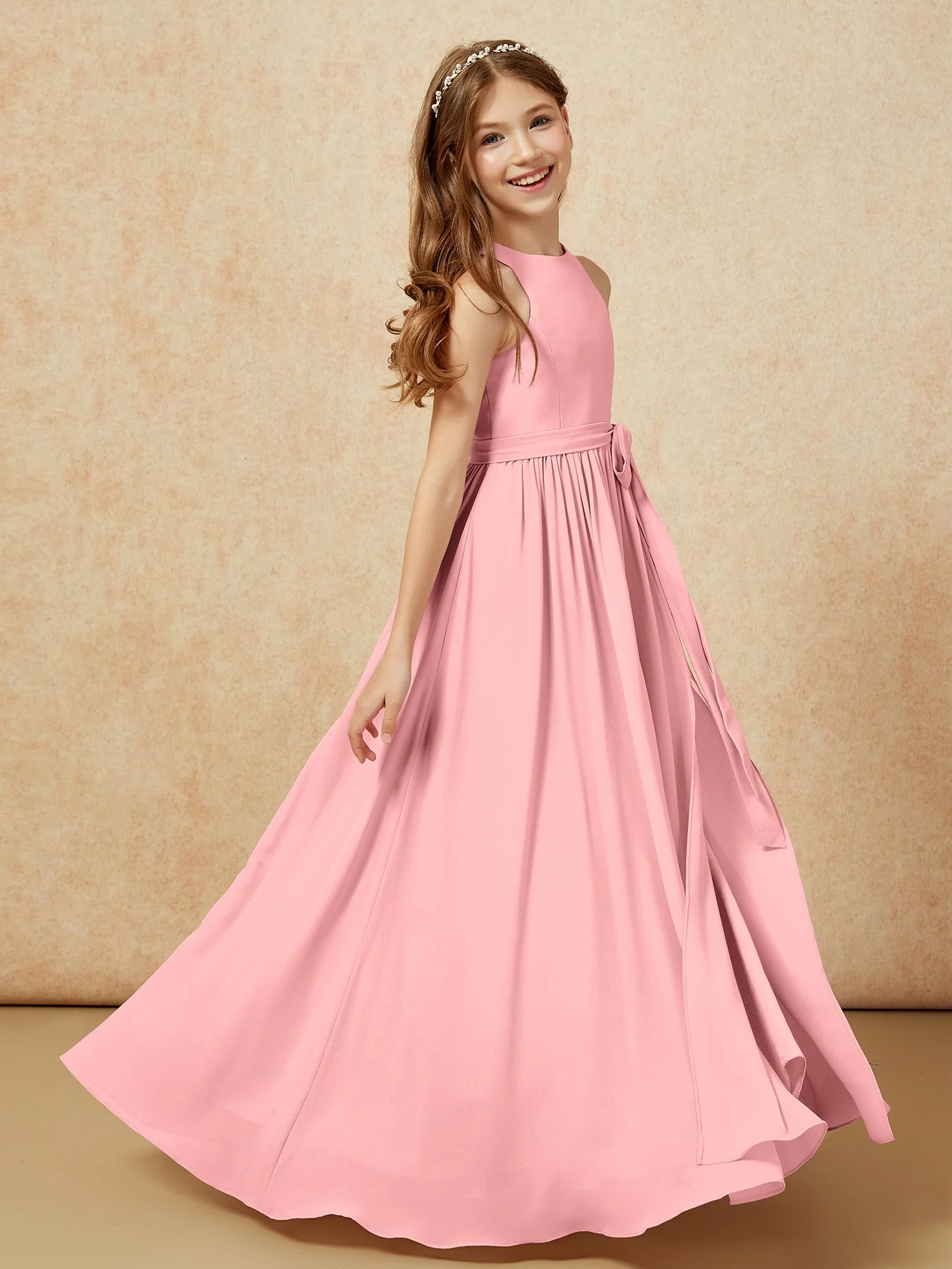 Einfach Ärmellos Chiffon Junge Brautjungfernkleider Flamingo - Image 5