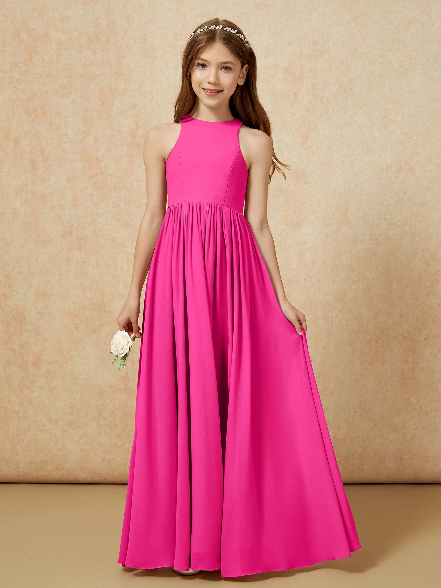 Einfach Ärmellos Chiffon Junge Brautjungfernkleider Fuchsia - Image 4