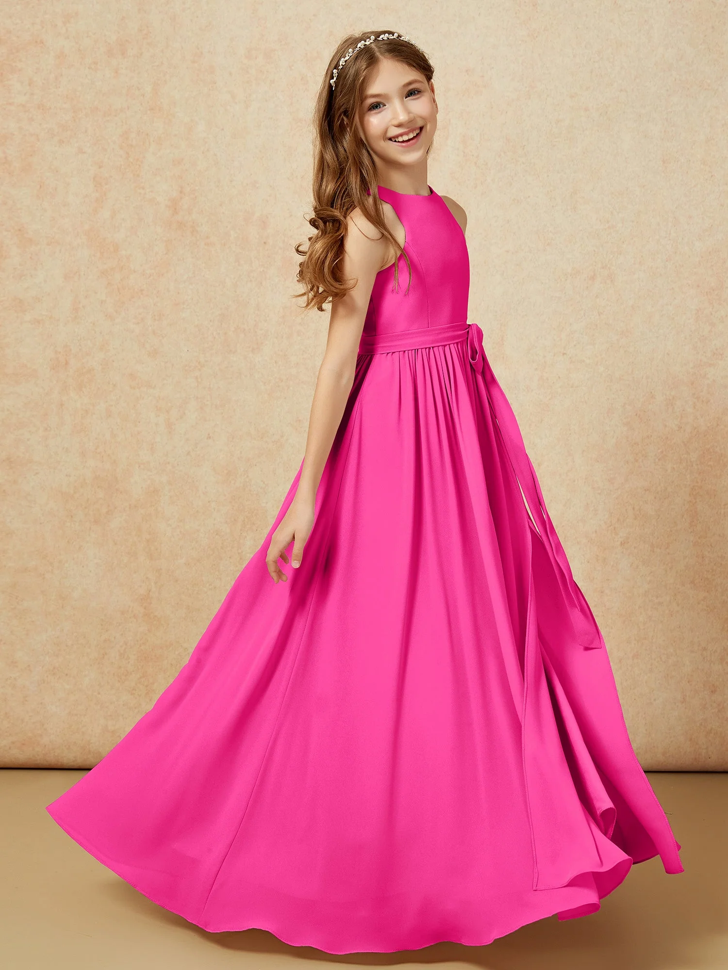 Einfach Ärmellos Chiffon Junge Brautjungfernkleider Fuchsia - Image 5