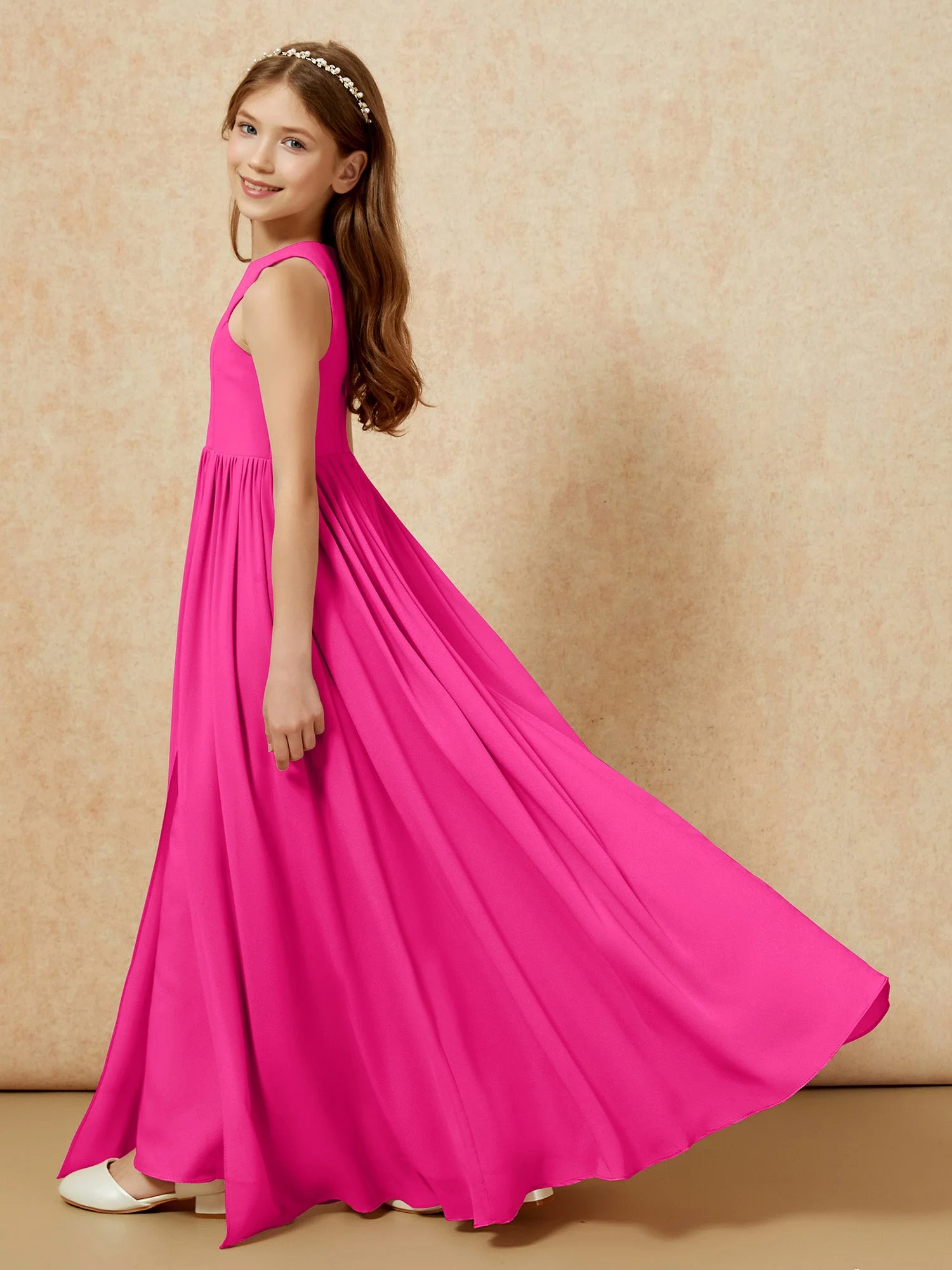 Einfach Ärmellos Chiffon Junge Brautjungfernkleider Fuchsia - Image 9