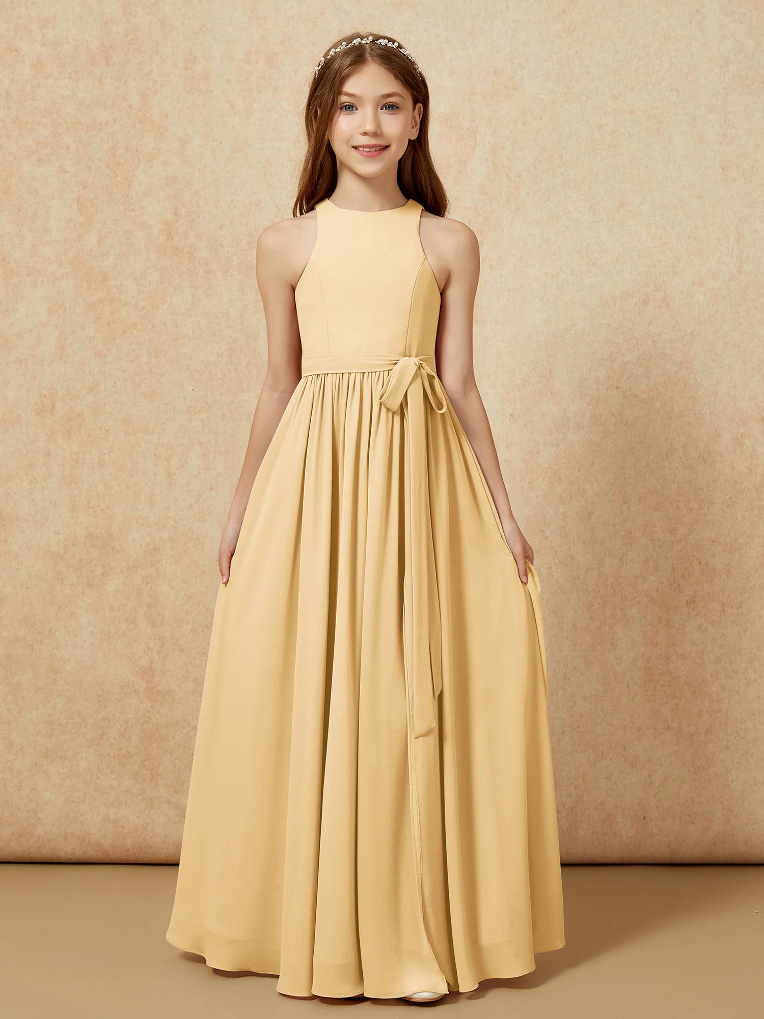 Einfach Ärmellos Chiffon Junge Brautjungfernkleider Gold - Image 8