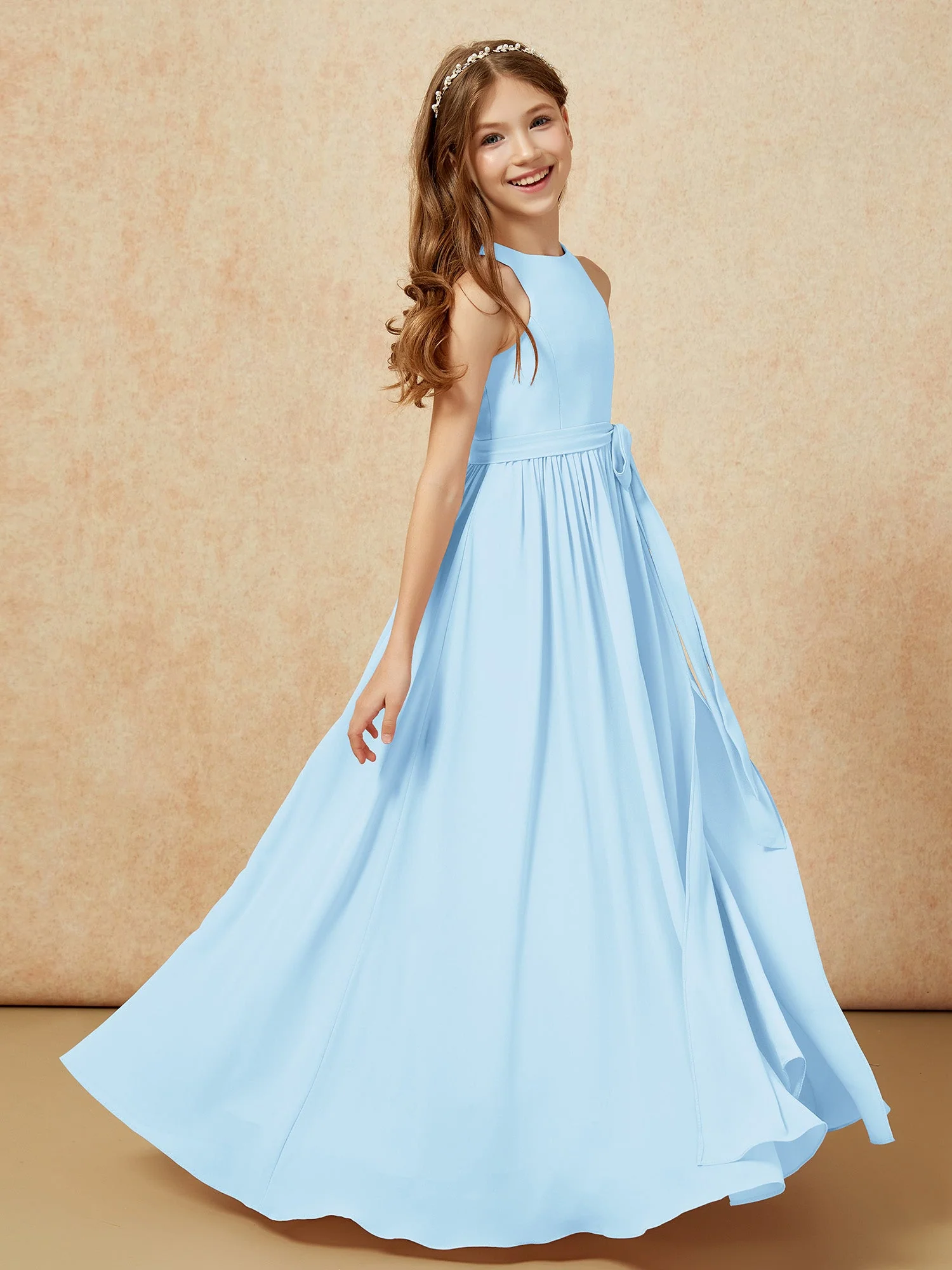Einfach Ärmellos Chiffon Junge Brautjungfernkleider Himmelblau - Image 5