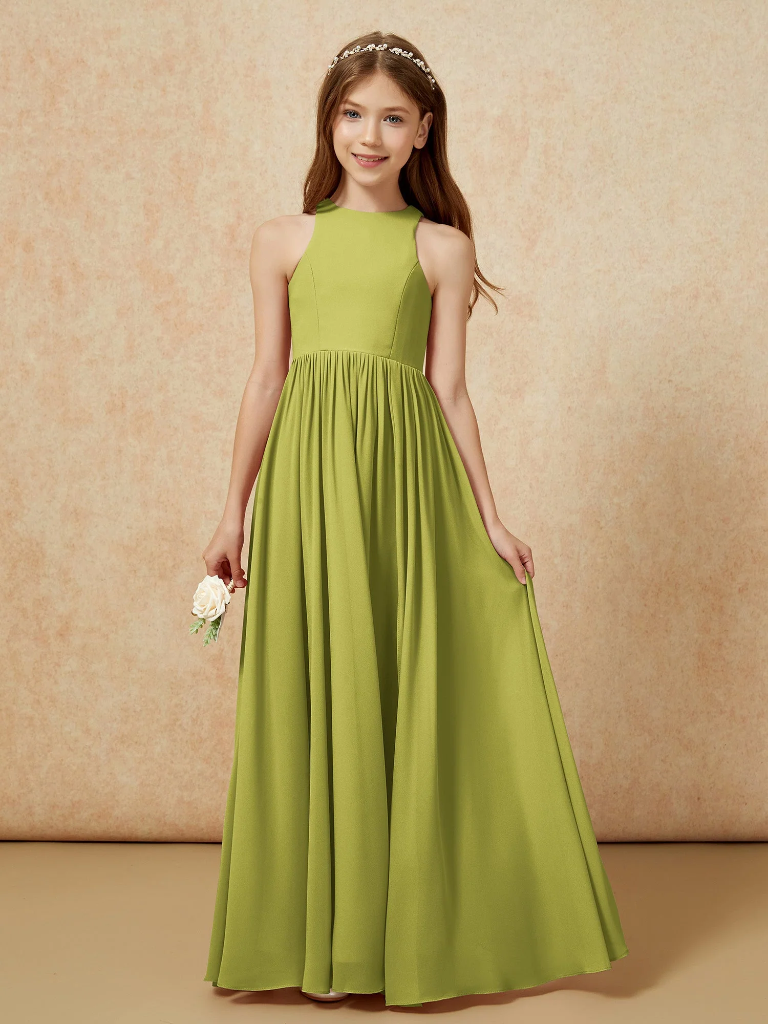 Einfach Ärmellos Chiffon Junge Brautjungfernkleider Kleegrün - Image 4