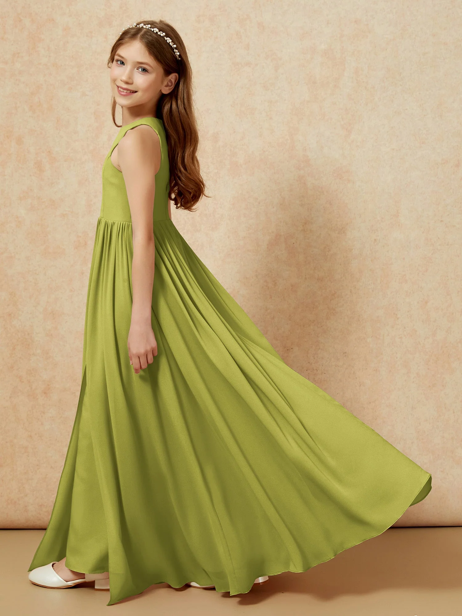 Einfach Ärmellos Chiffon Junge Brautjungfernkleider Kleegrün - Image 9