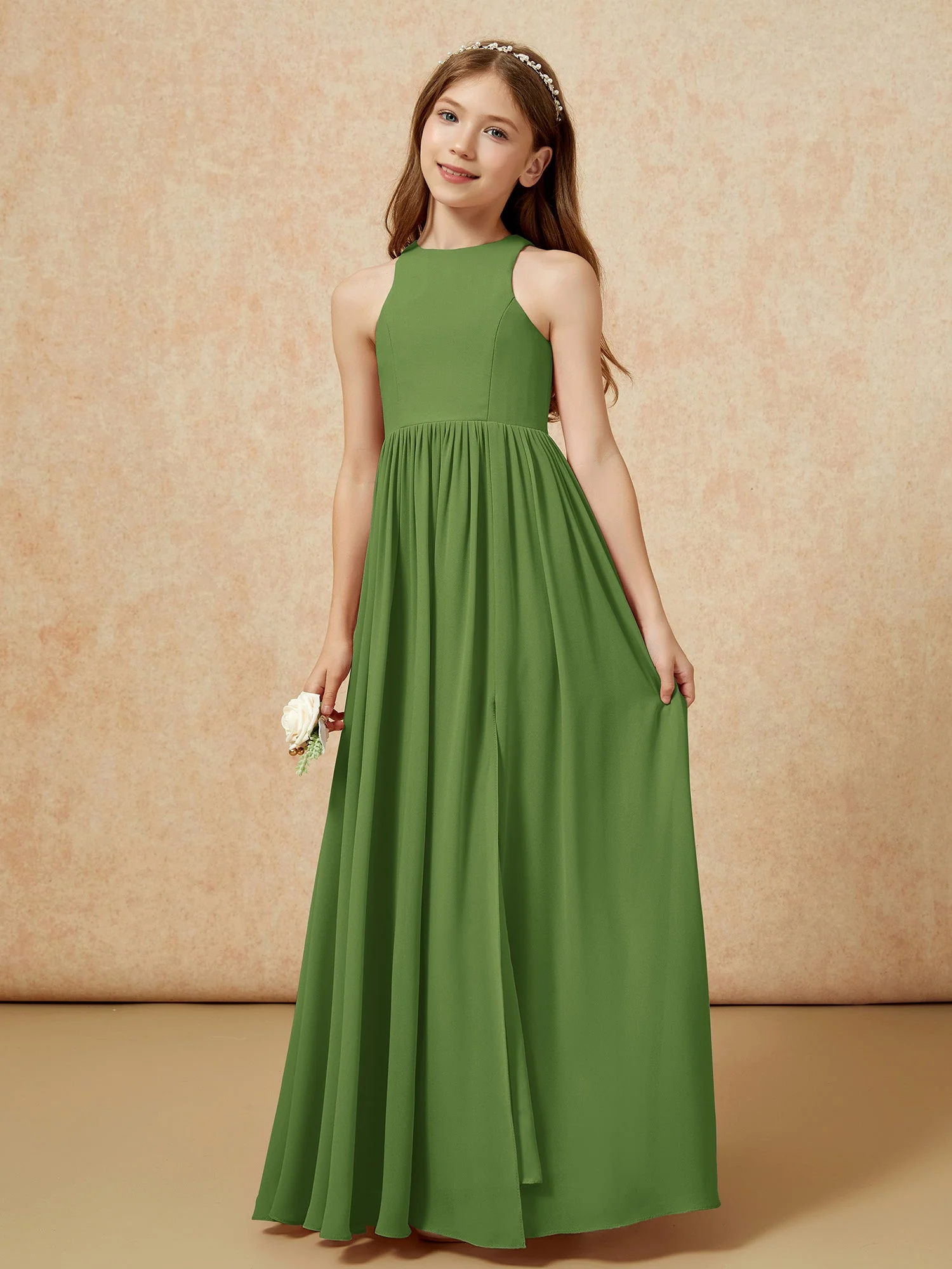 Einfach Ärmellos Chiffon Junge Brautjungfernkleider Moos - Image 6