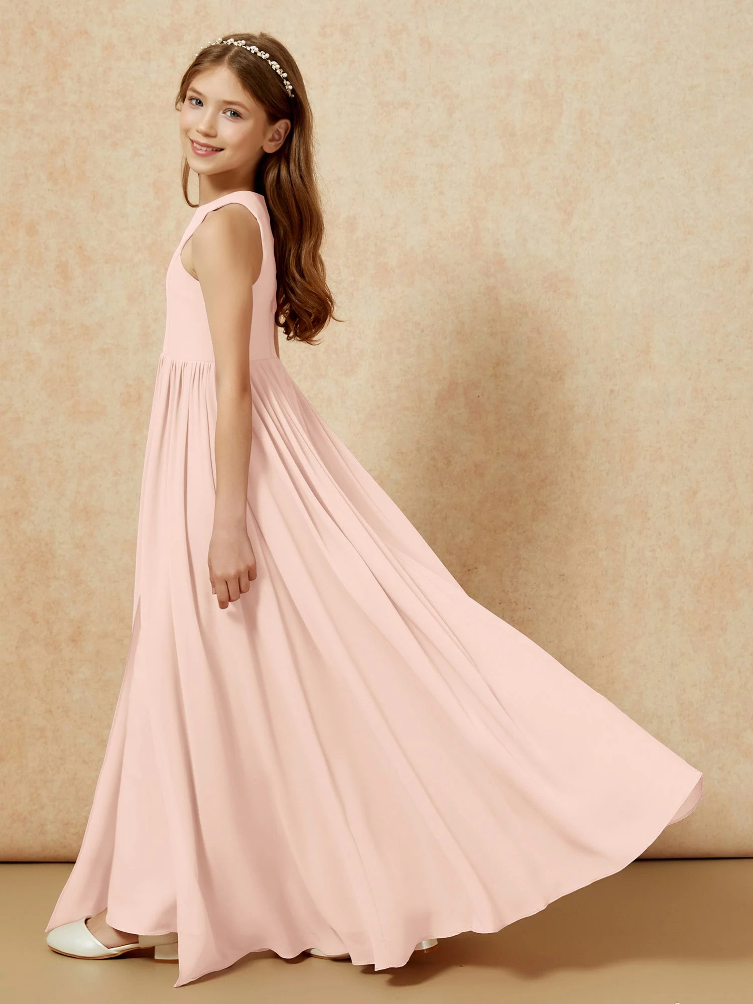 Einfach Ärmellos Chiffon Junge Brautjungfernkleider Perlrosa - Image 9