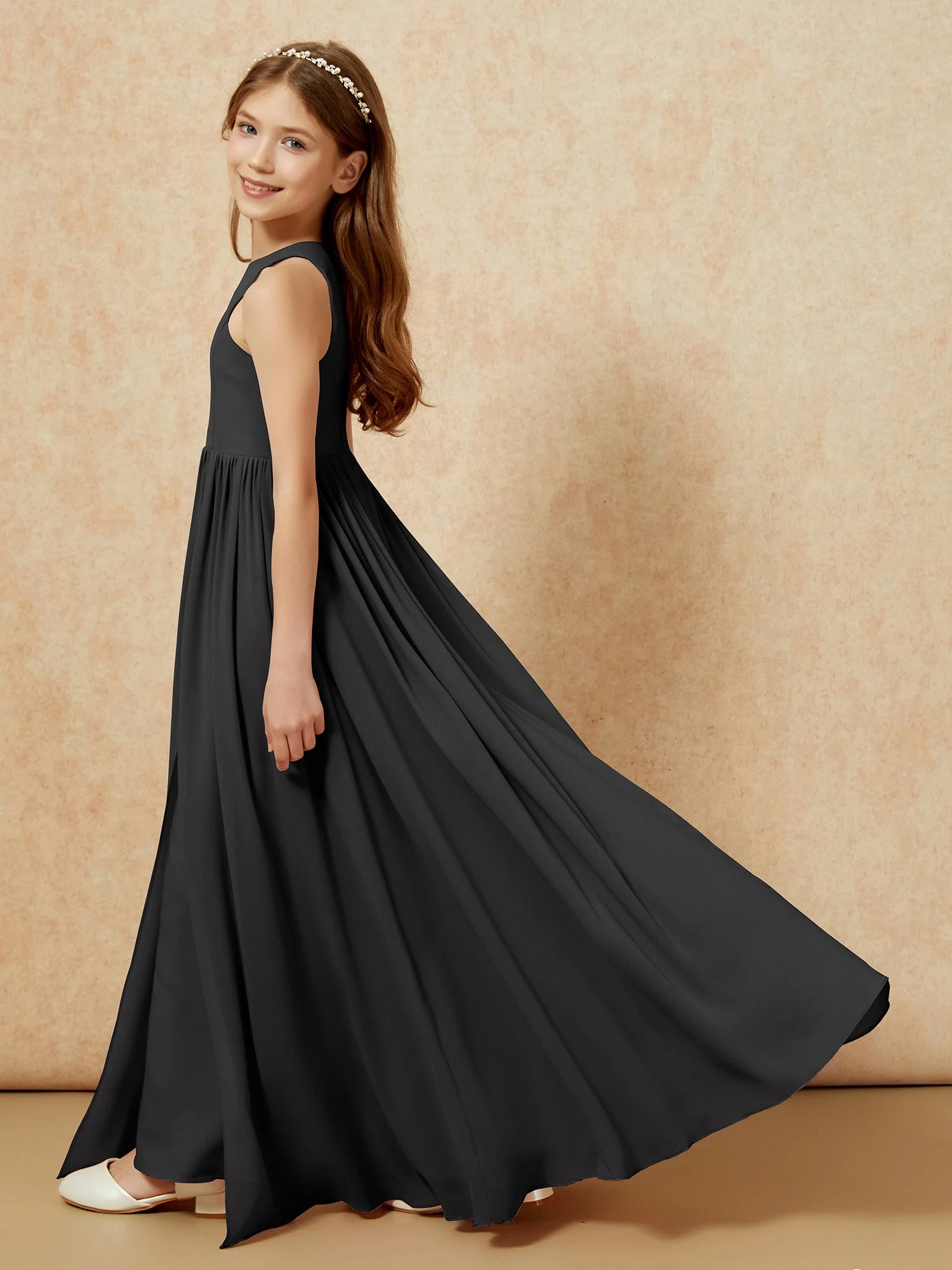 Einfach Ärmellos Chiffon Junge Brautjungfernkleider Schwarz - Image 9