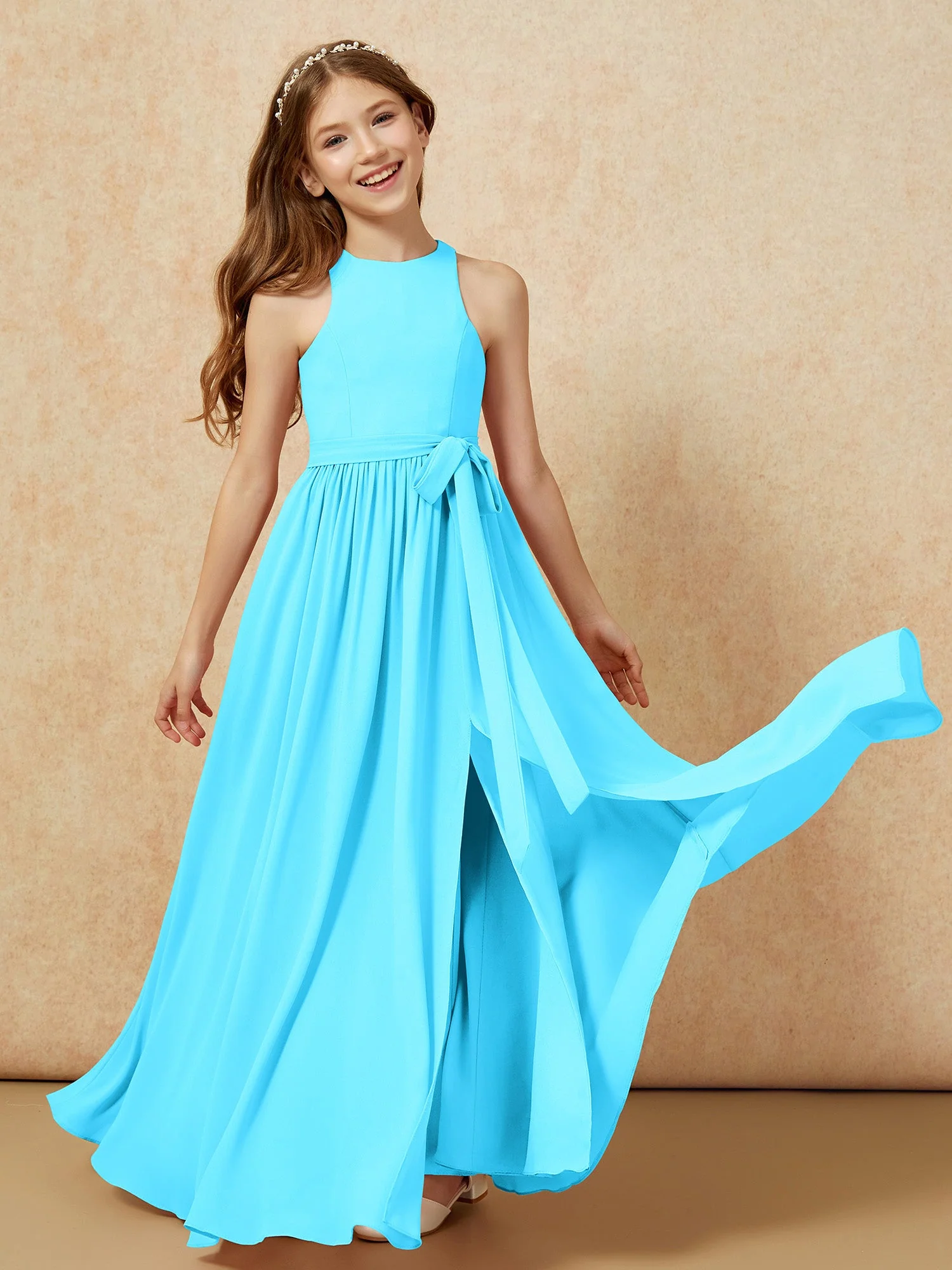 Einfach Ärmellos Chiffon Junge Brautjungfernkleider Schwimmbadblau - Image 10