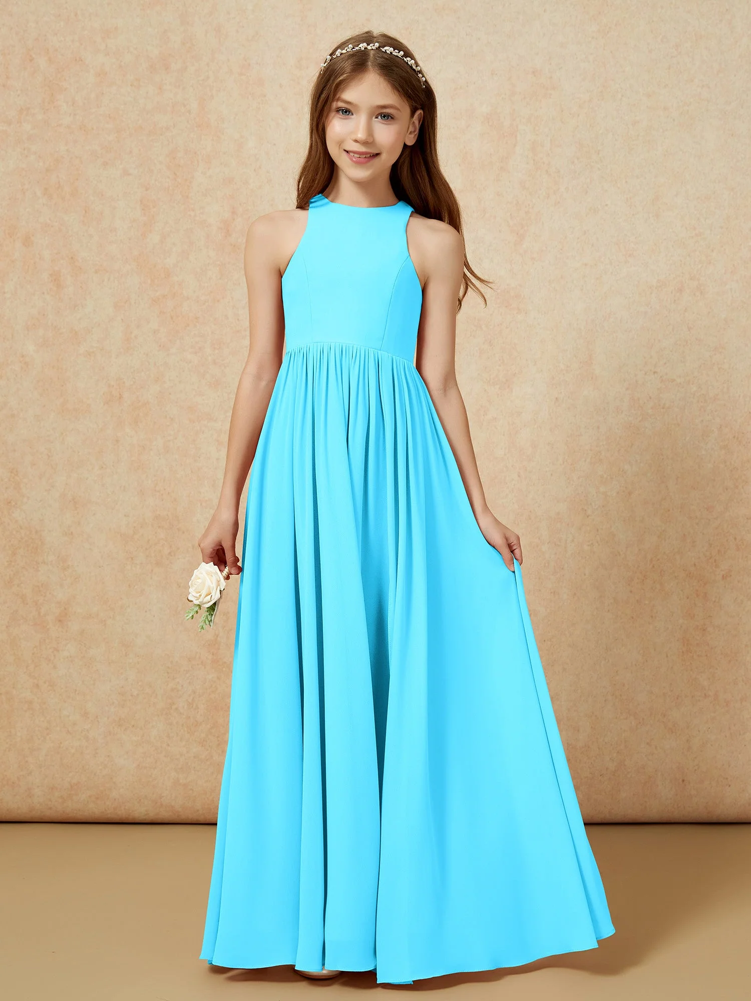 Einfach Ärmellos Chiffon Junge Brautjungfernkleider Schwimmbadblau - Image 4