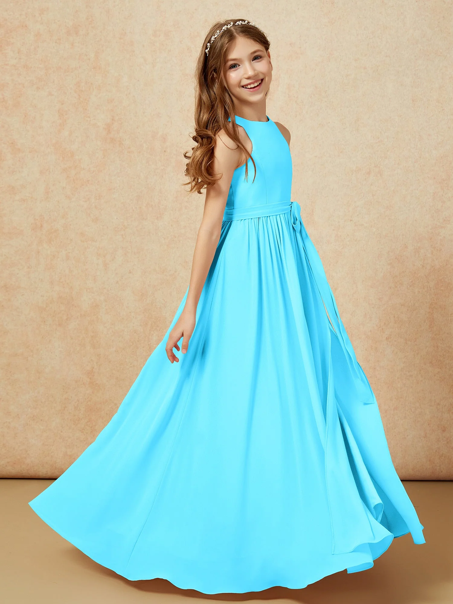 Einfach Ärmellos Chiffon Junge Brautjungfernkleider Schwimmbadblau - Image 5