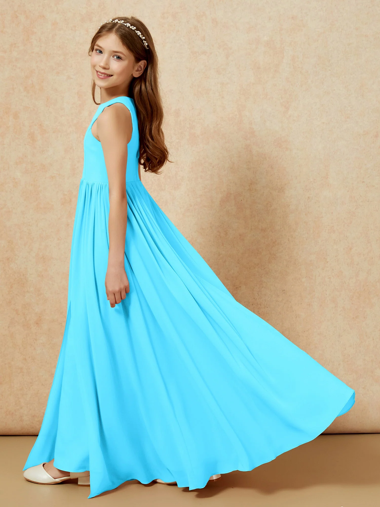 Einfach Ärmellos Chiffon Junge Brautjungfernkleider Schwimmbadblau - Image 9