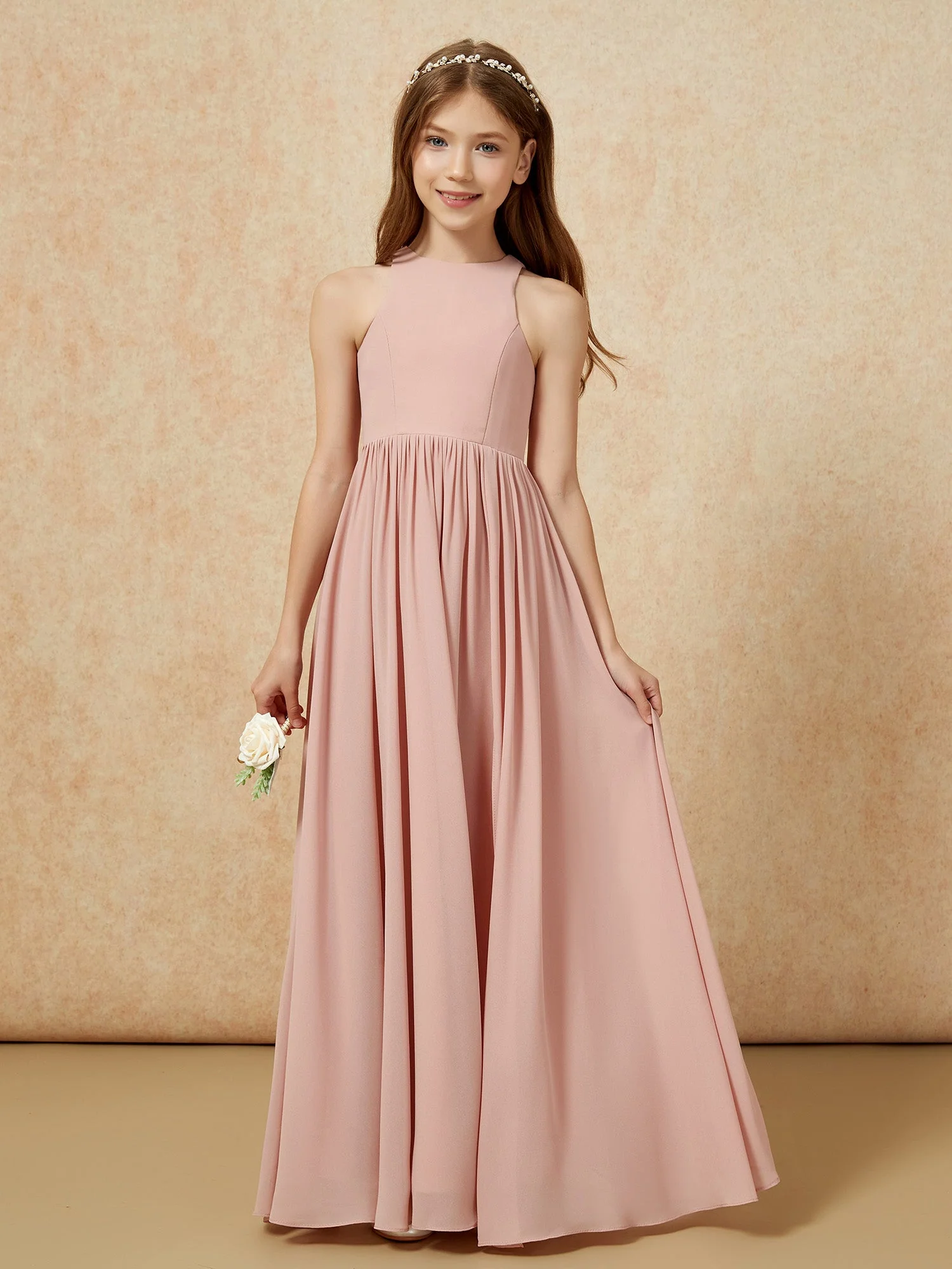 Einfach Ärmellos Chiffon Junge Brautjungfernkleider Staubige Rosa - Image 4