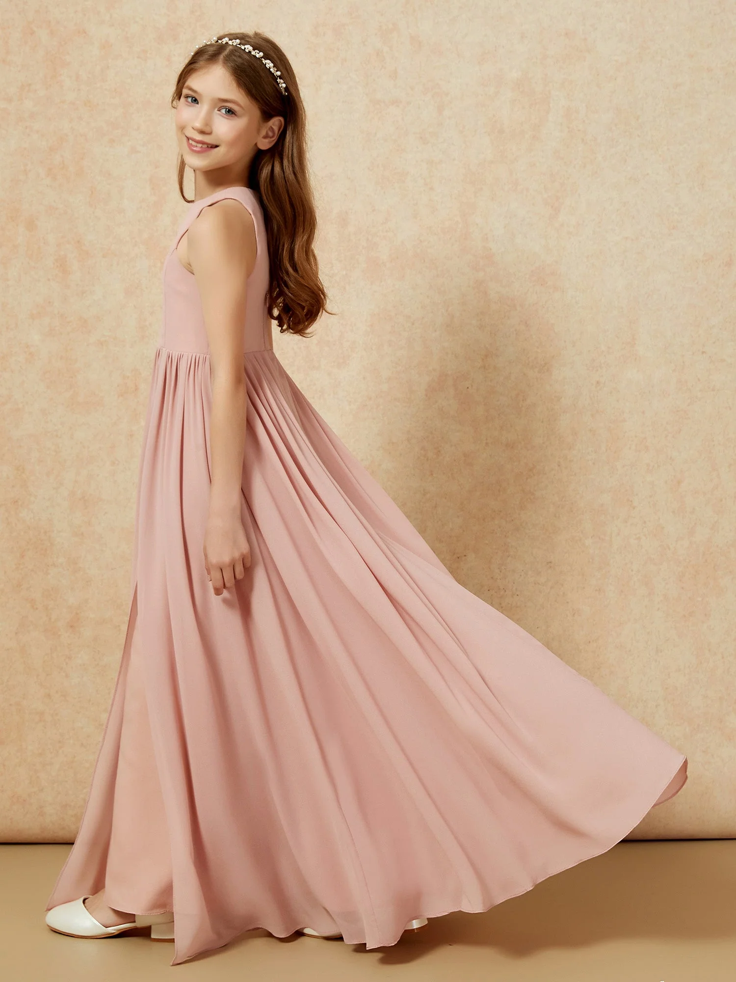 Einfach Ärmellos Chiffon Junge Brautjungfernkleider Staubige Rosa - Image 9