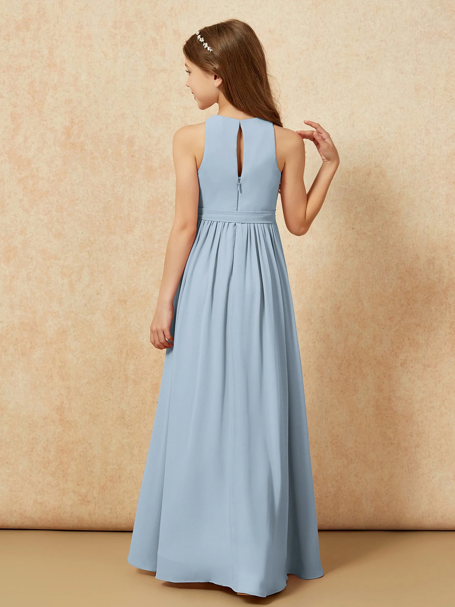 Einfach Ärmellos Chiffon Junge Brautjungfernkleider Staubiges Blau - Image 2