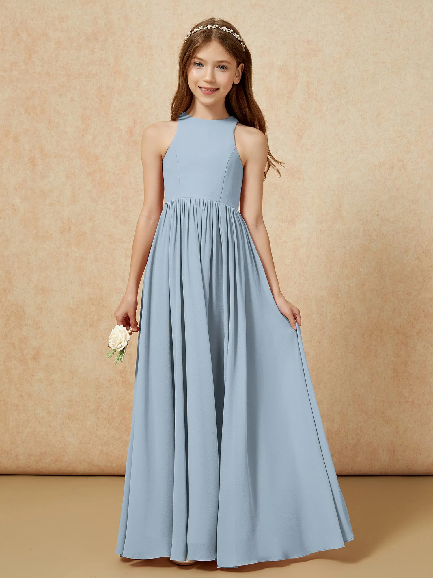 Einfach Ärmellos Chiffon Junge Brautjungfernkleider Staubiges Blau - Image 4