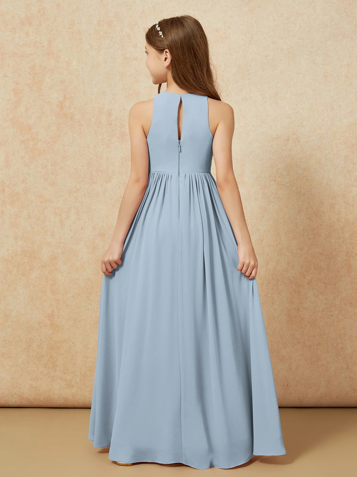 Einfach Ärmellos Chiffon Junge Brautjungfernkleider Staubiges Blau - Image 7