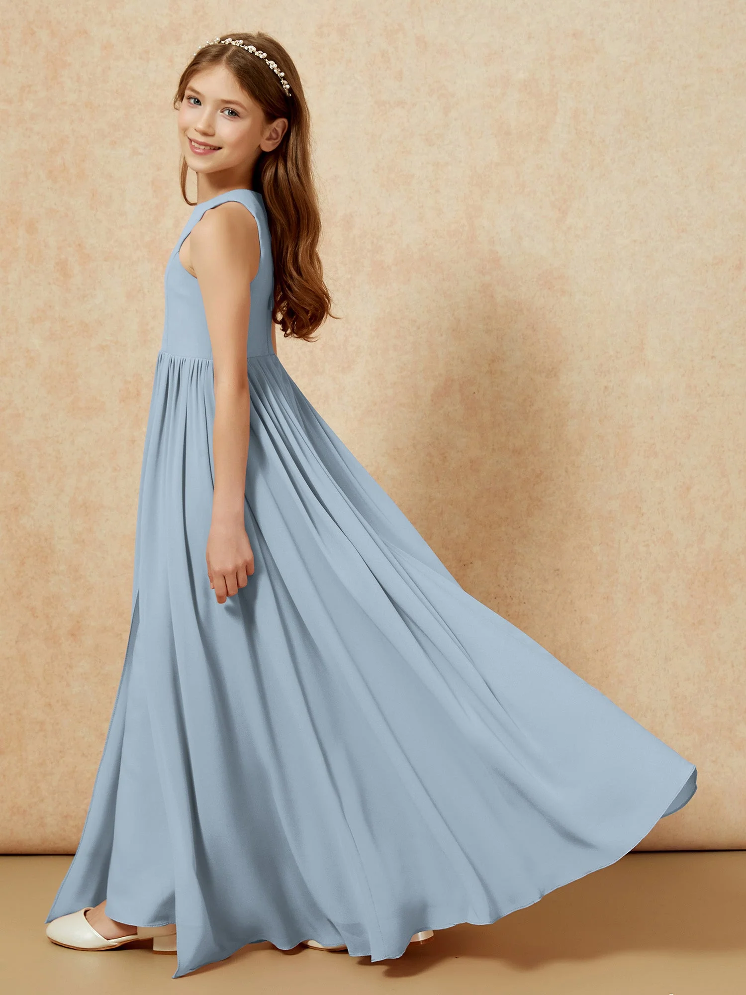 Einfach Ärmellos Chiffon Junge Brautjungfernkleider Staubiges Blau - Image 9