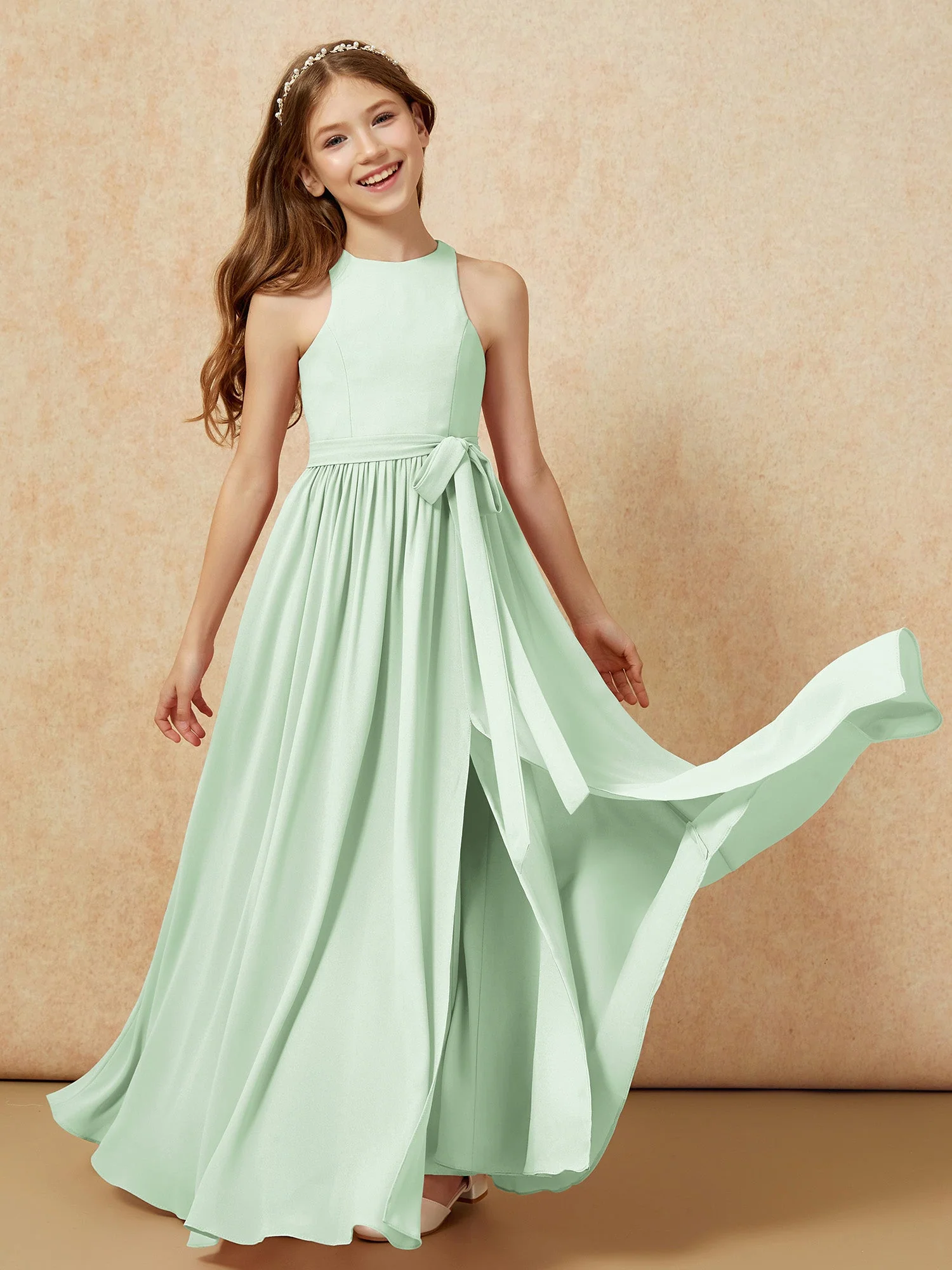 Einfach Ärmellos Chiffon Junge Brautjungfernkleider Staubiges Salbei - Image 10