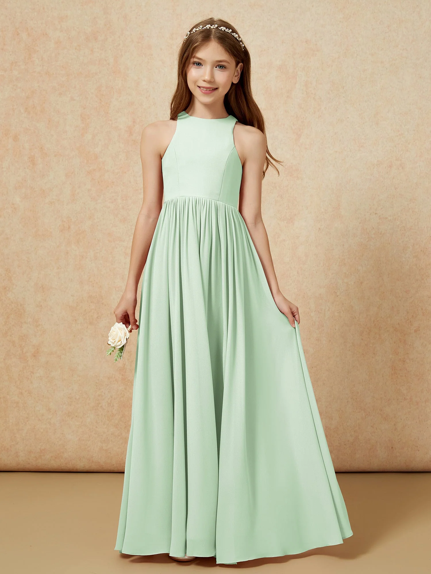 Einfach Ärmellos Chiffon Junge Brautjungfernkleider Staubiges Salbei - Image 4