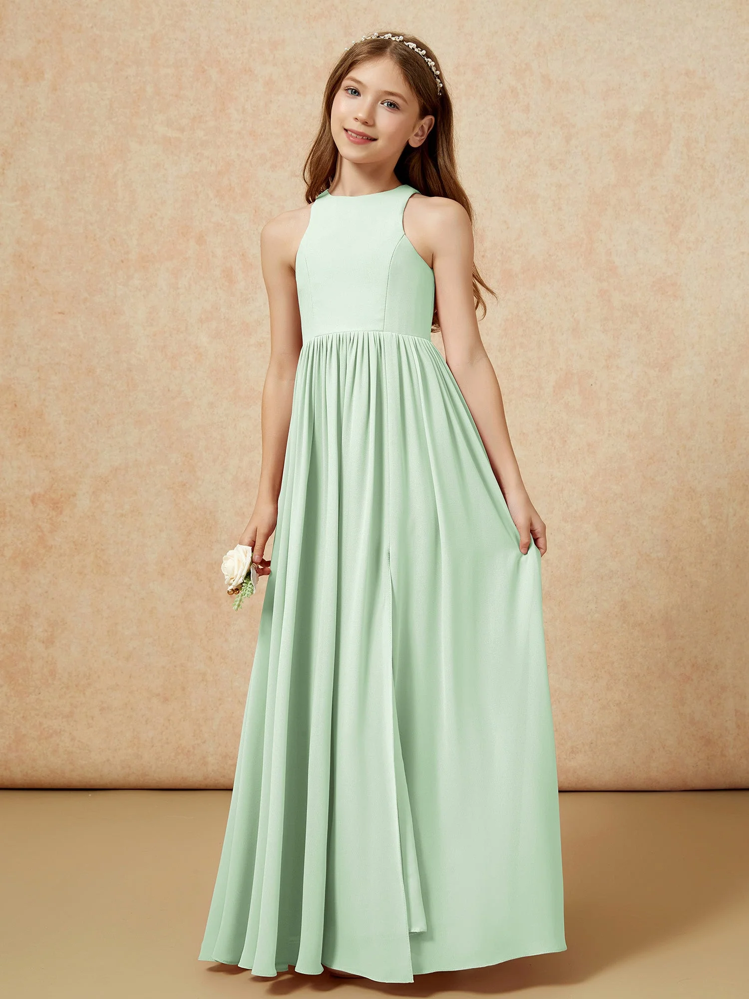 Einfach Ärmellos Chiffon Junge Brautjungfernkleider Staubiges Salbei - Image 6
