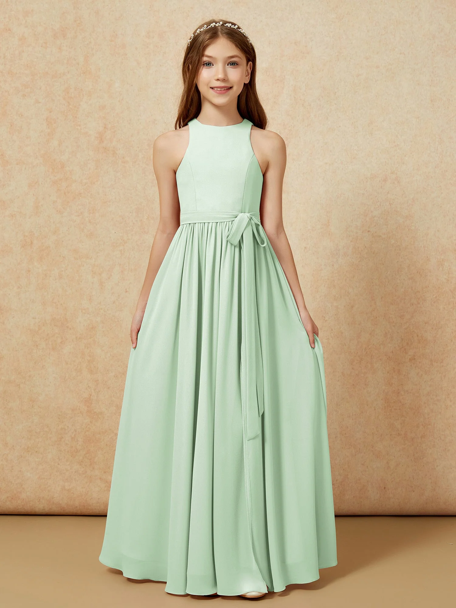 Einfach Ärmellos Chiffon Junge Brautjungfernkleider Staubiges Salbei - Image 8