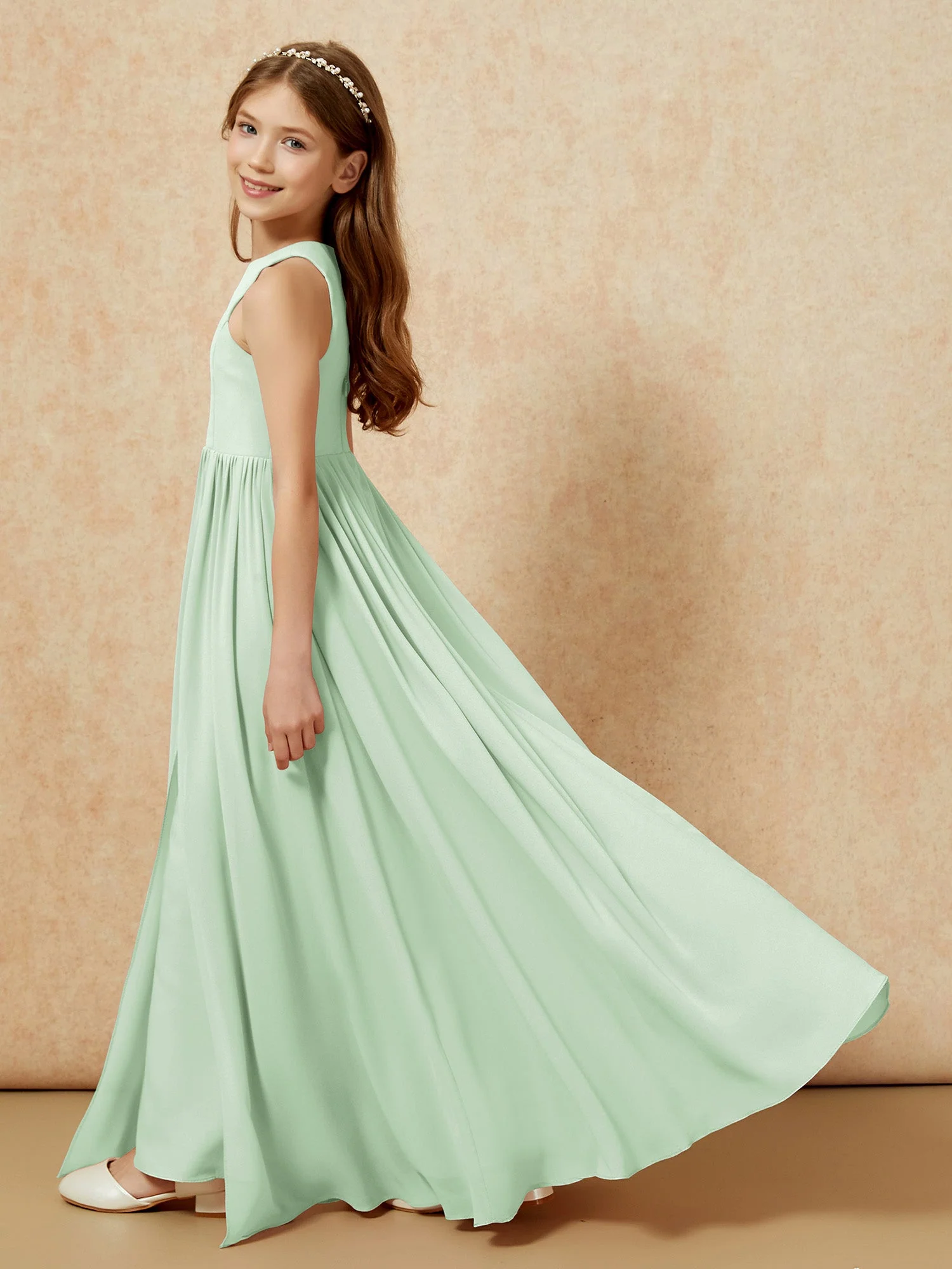 Einfach Ärmellos Chiffon Junge Brautjungfernkleider Staubiges Salbei - Image 9