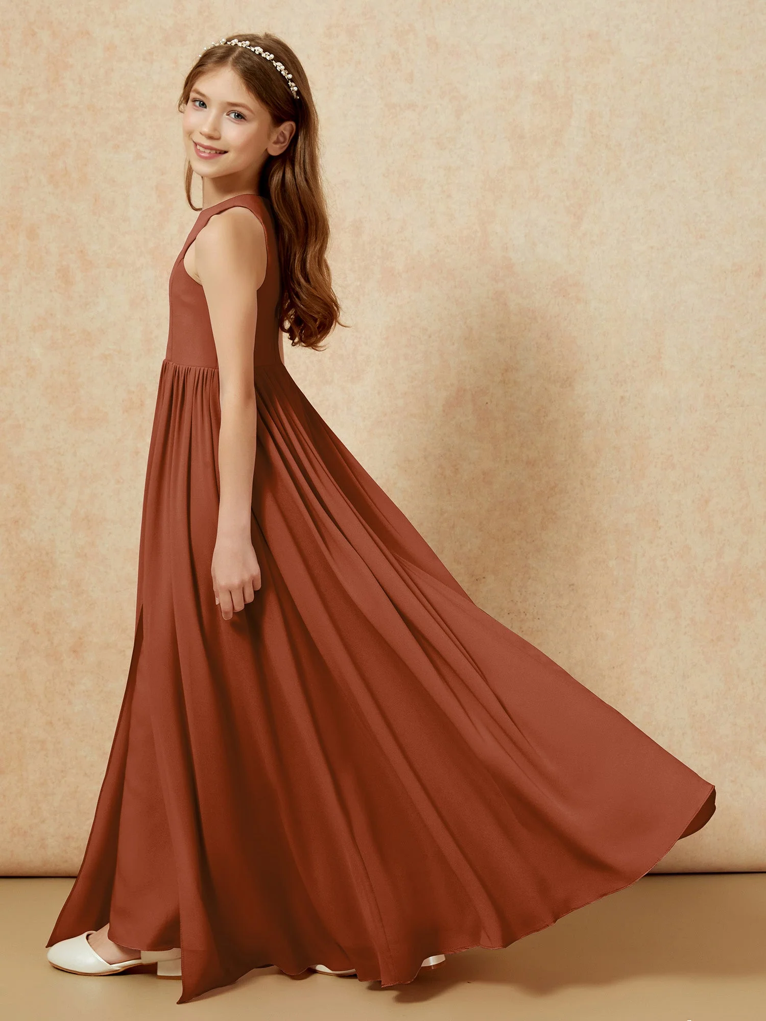 Einfach Ärmellos Chiffon Junge Brautjungfernkleider Terrakotta - Image 9