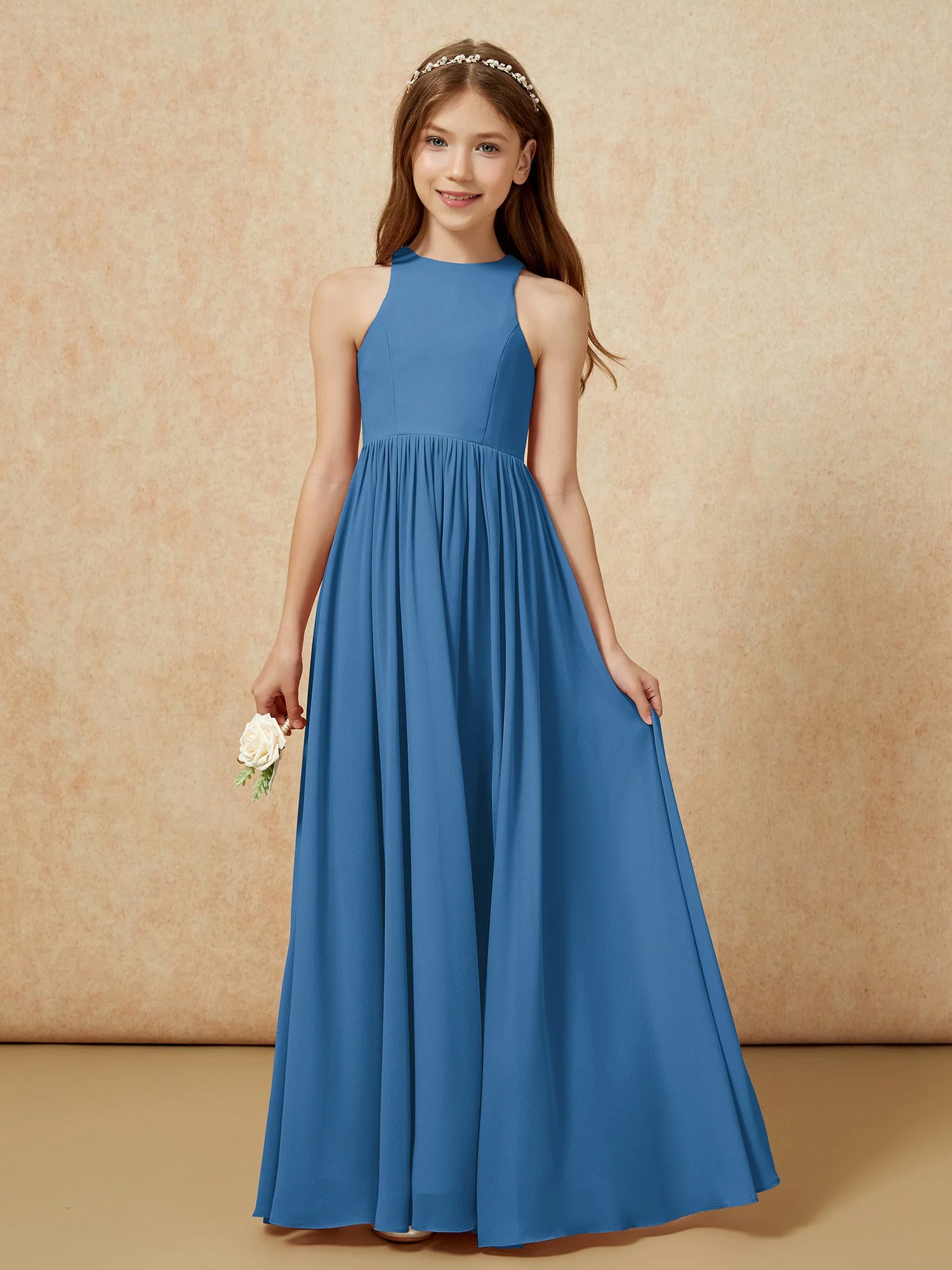 Einfach Ärmellos Chiffon Junge Brautjungfernkleider Tinte Blau - Image 4