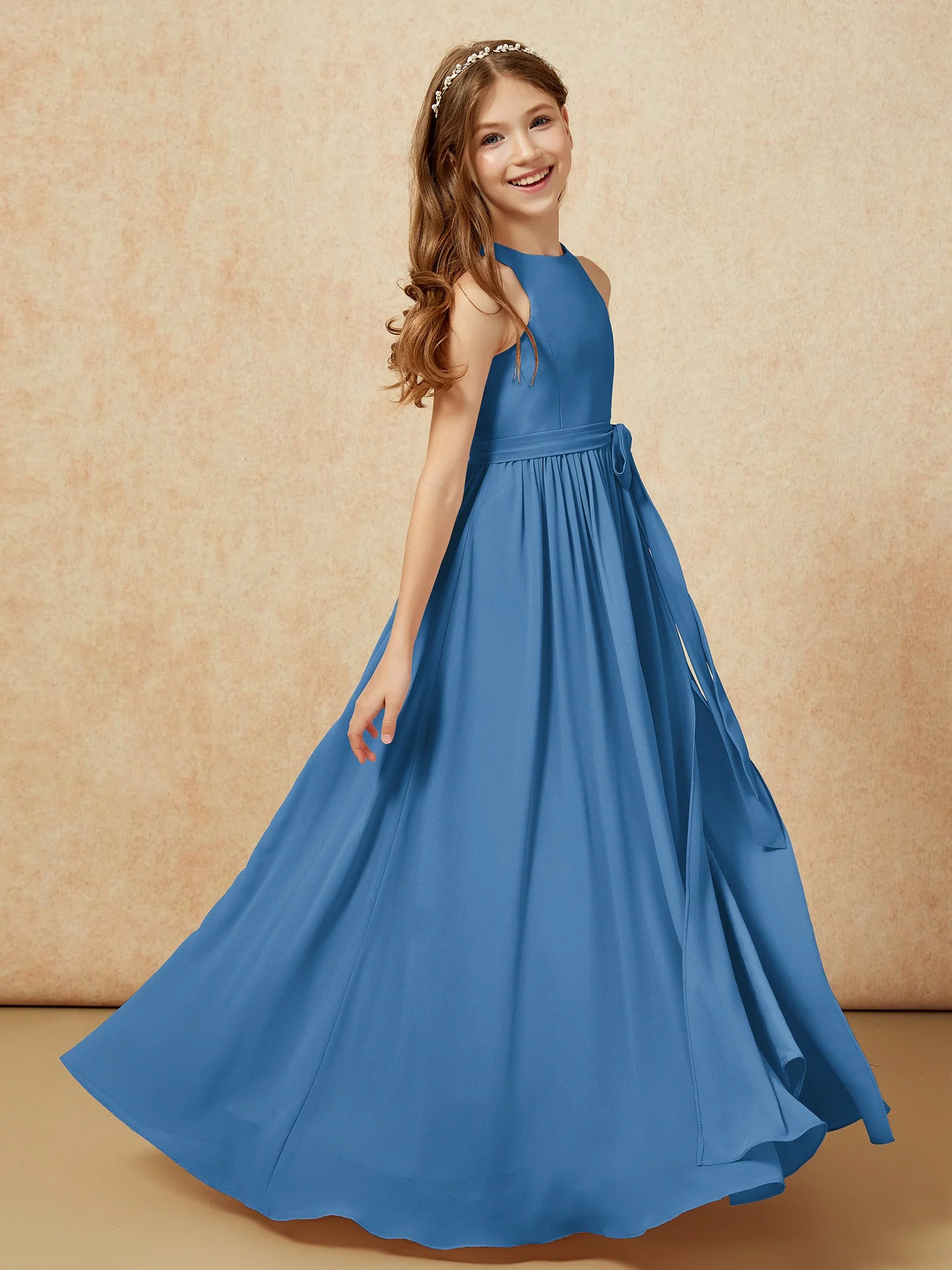 Einfach Ärmellos Chiffon Junge Brautjungfernkleider Tinte Blau - Image 5